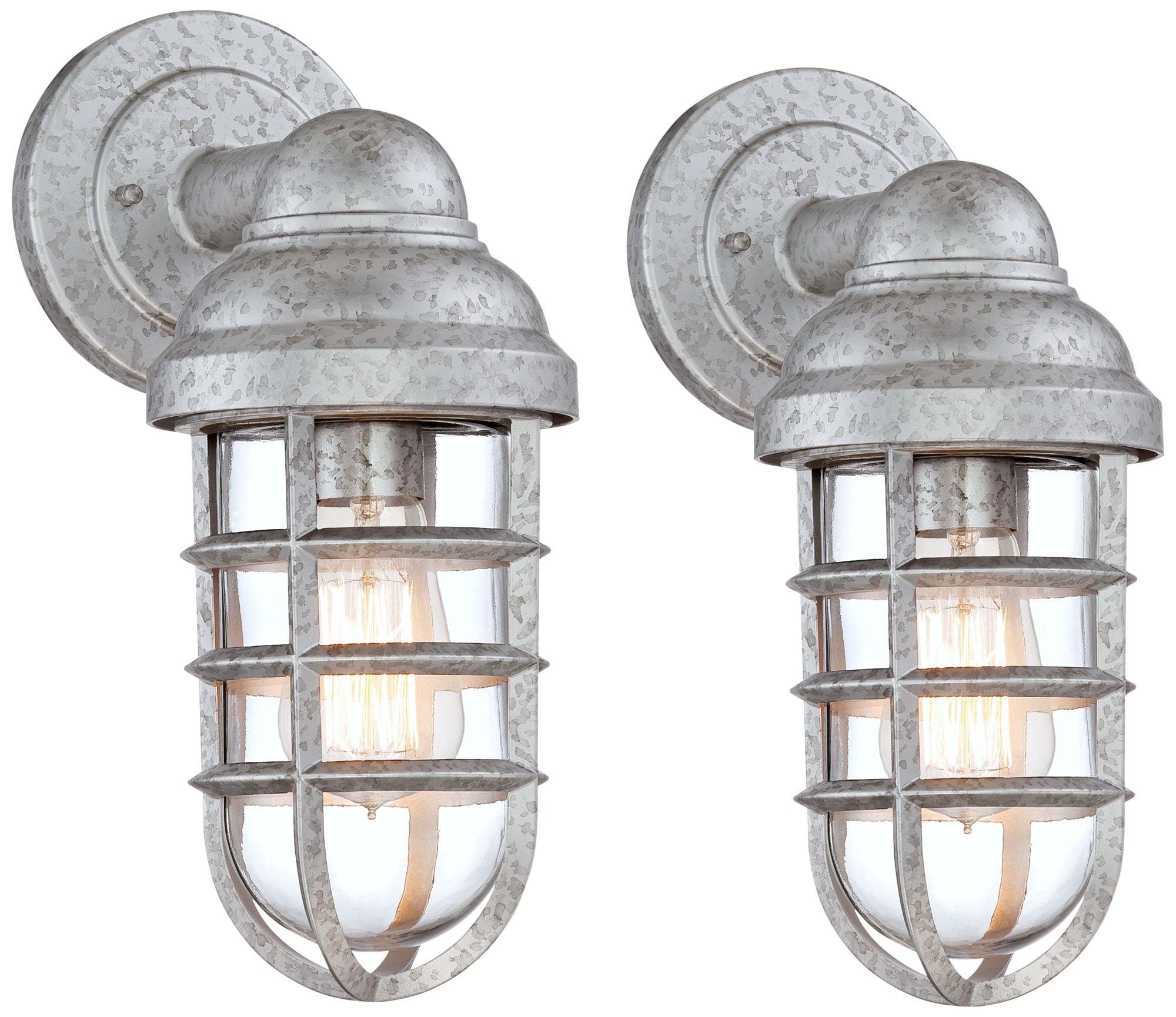 John Timberland Marlowe Industrial Outdoor Wall Lights Set of 2 Galvanized Steel Cage Frame 13 1/4" Clear Glass for Post Exterior Barn Deck House Yard