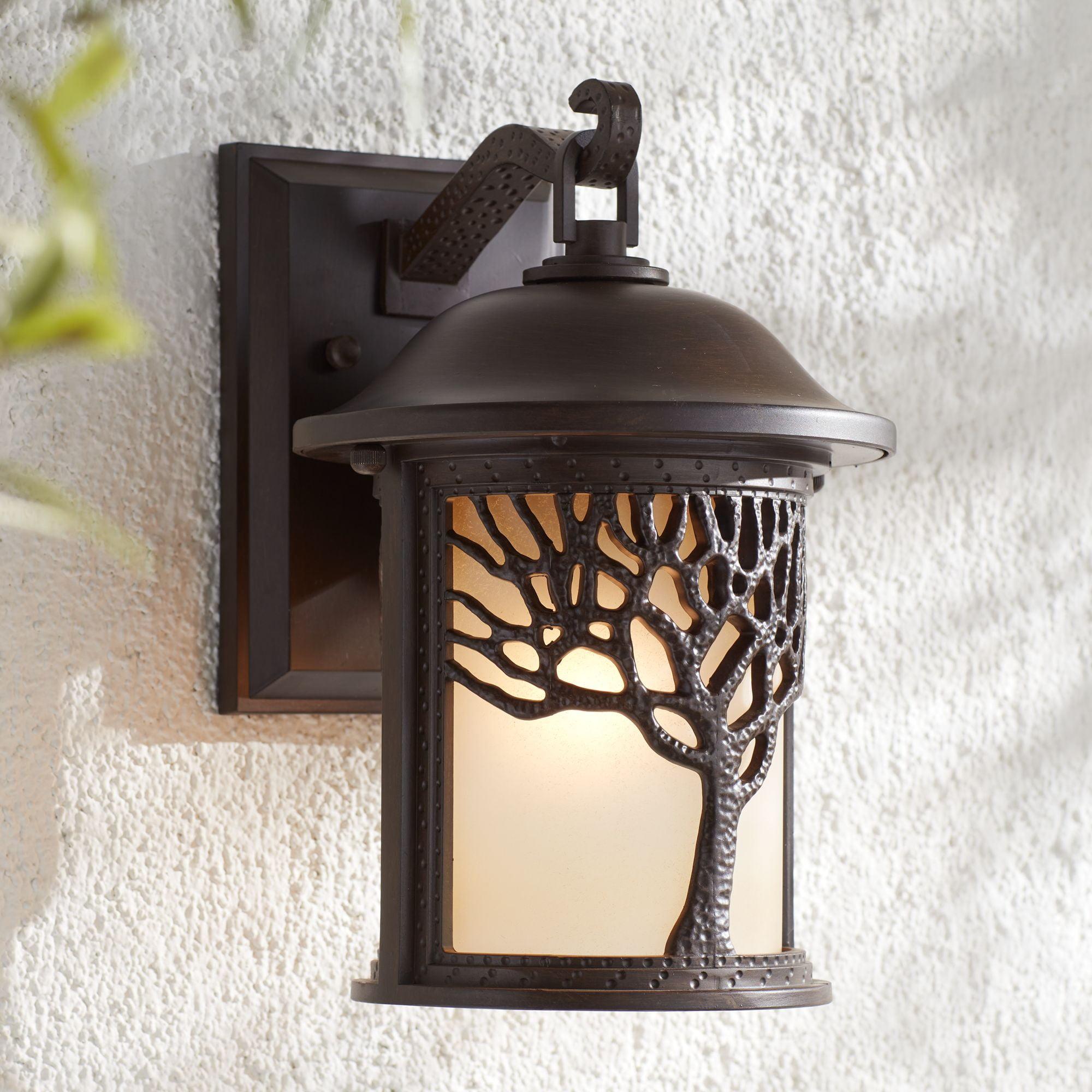 Craftsman Bronze Tree Motif 16" Outdoor Wall Lantern with Amber Glass