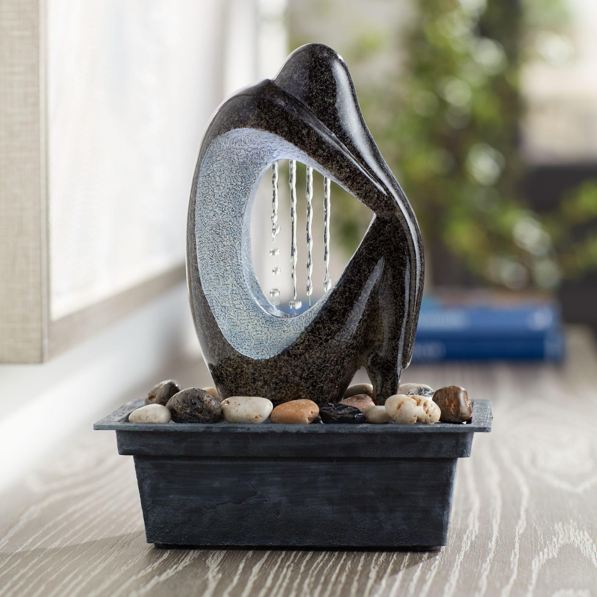 Modern Silhouette 10" High Small Zen Indoor Outdoor Decor Faux Stone Tabletop Fountain with Light LED Waterfall Outside Garden Patio
