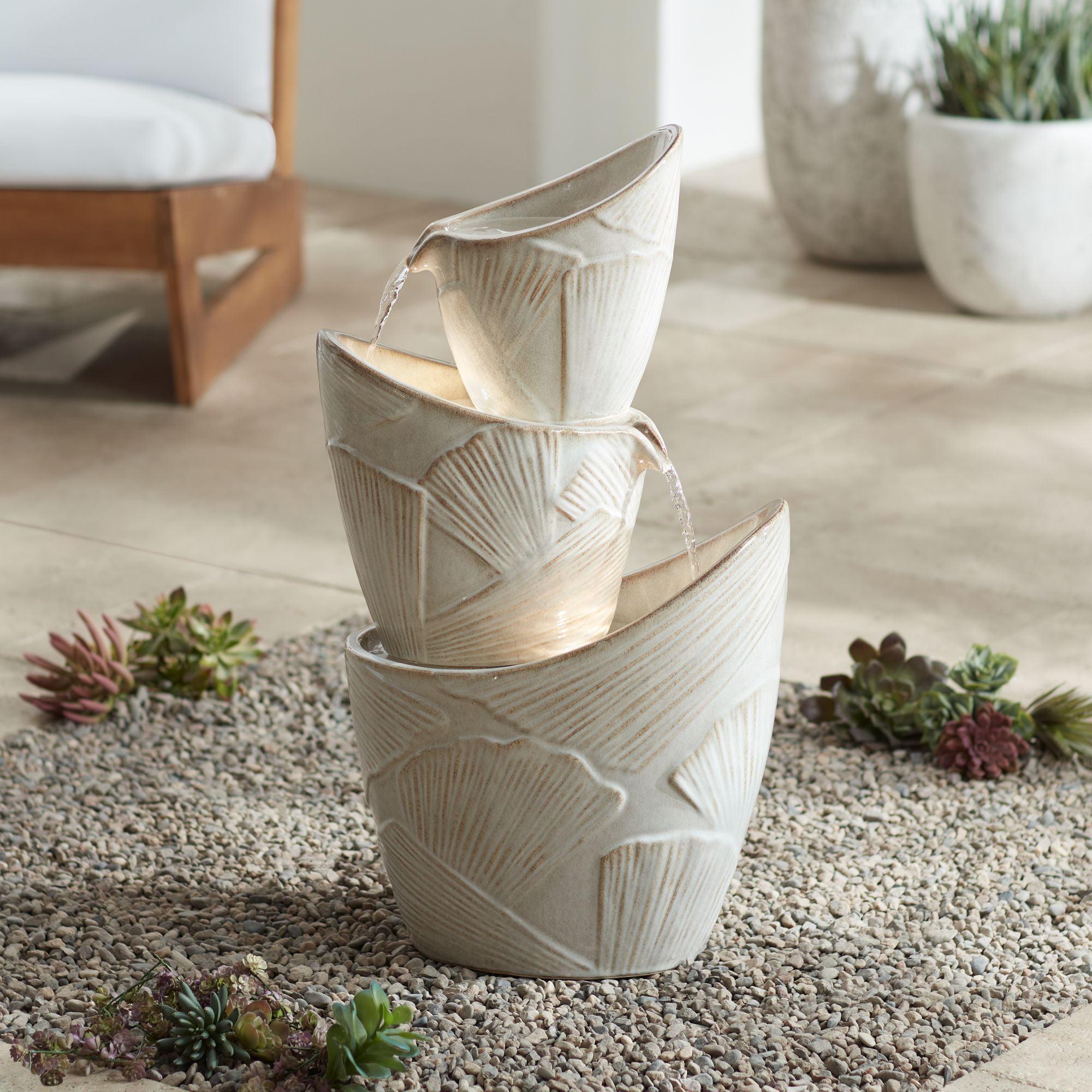 John Timberland Three Urn with Leaves Rustic Cascading Outdoor Floor Water Fountain with LED Light 30" for Yard Garden Patio Home Deck Porch Exterior