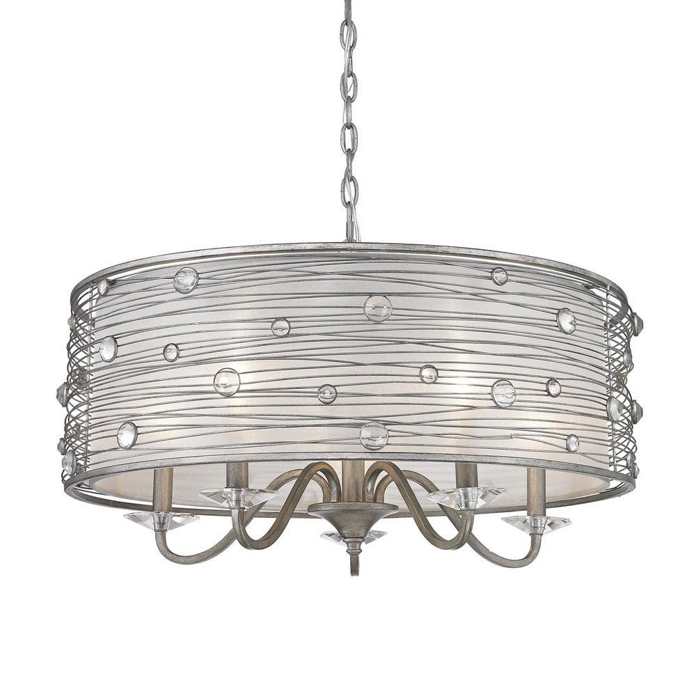 Contemporary Silver Crystal 5-Light Chandelier with Sheer Mist Shade