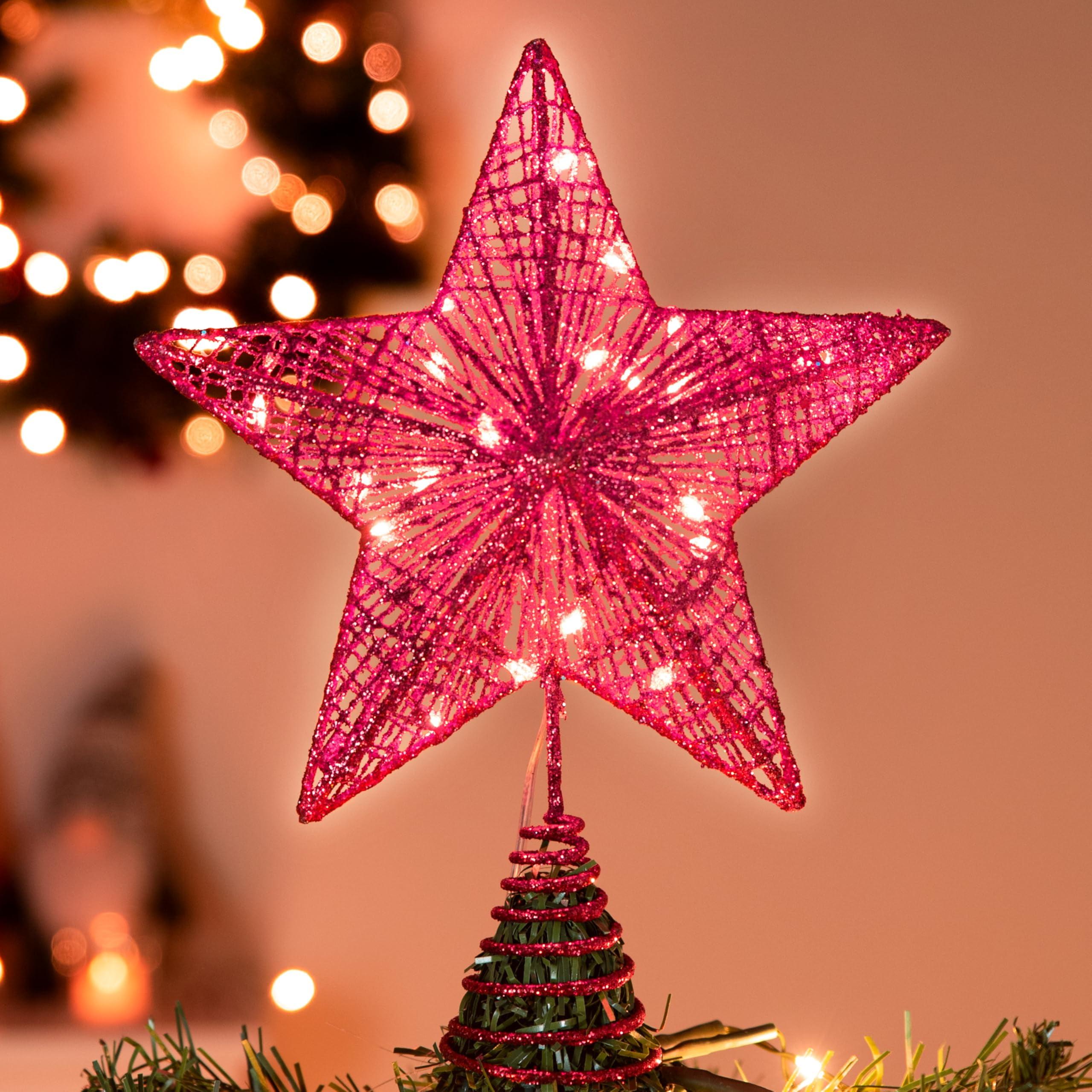 Red Glitter Metal Star Christmas Tree Topper with LED Lights