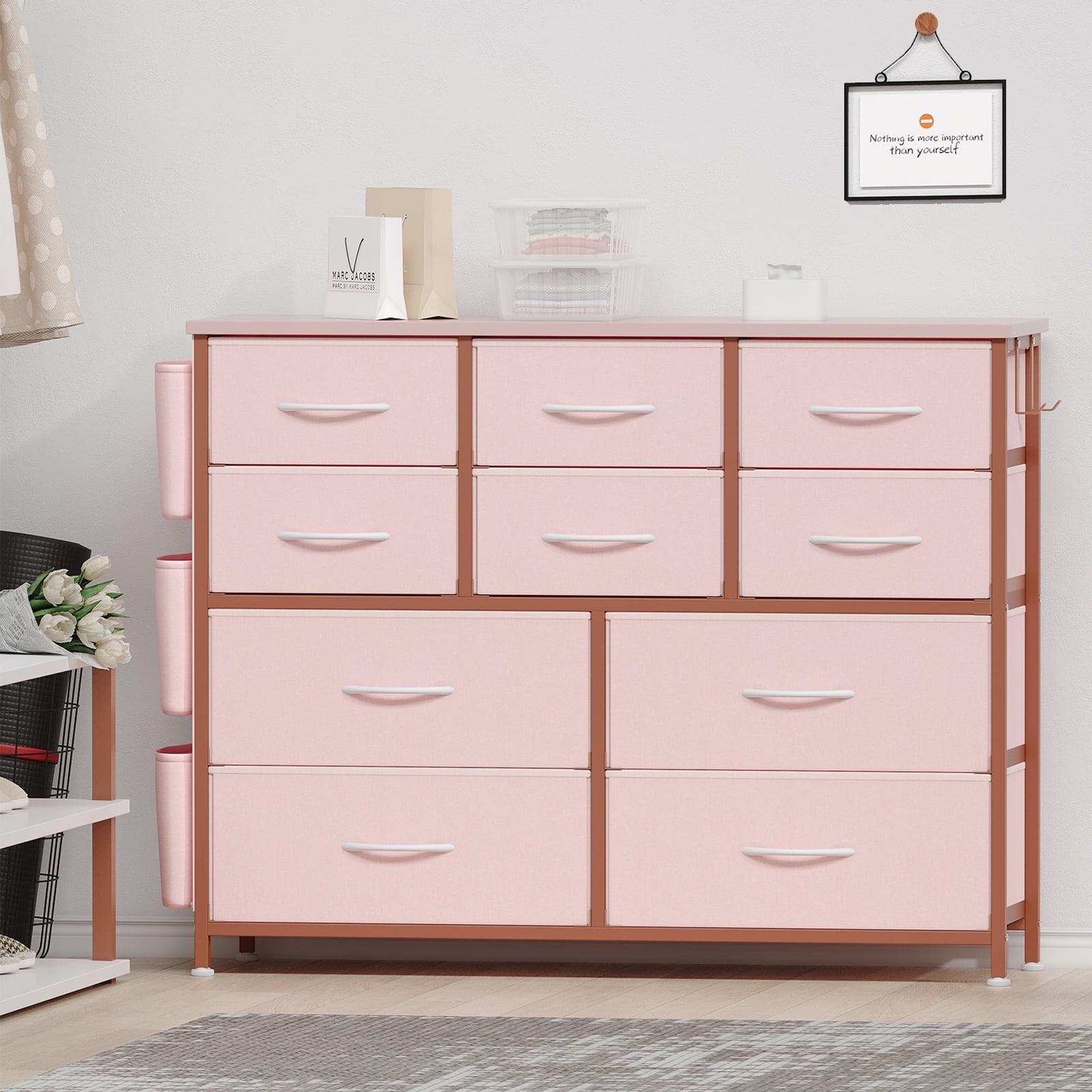 Pink 10-Drawer Fabric Storage Dresser with Wood Top