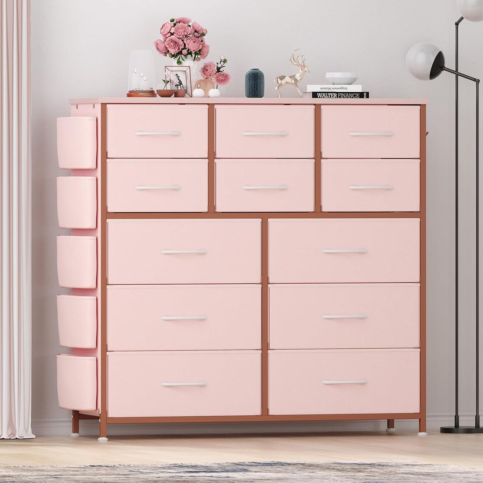 Pink 12-Drawer Fabric Dresser with Side Pockets and Hooks