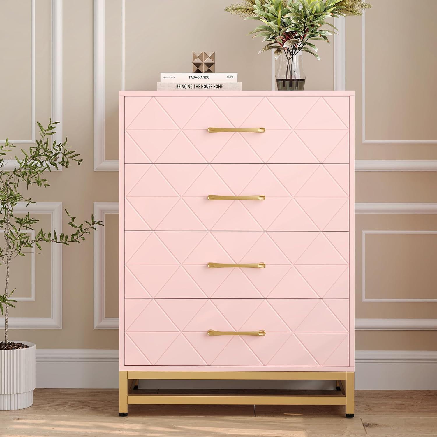 Pink Geometric 4-Drawer Dresser with Gold Handles