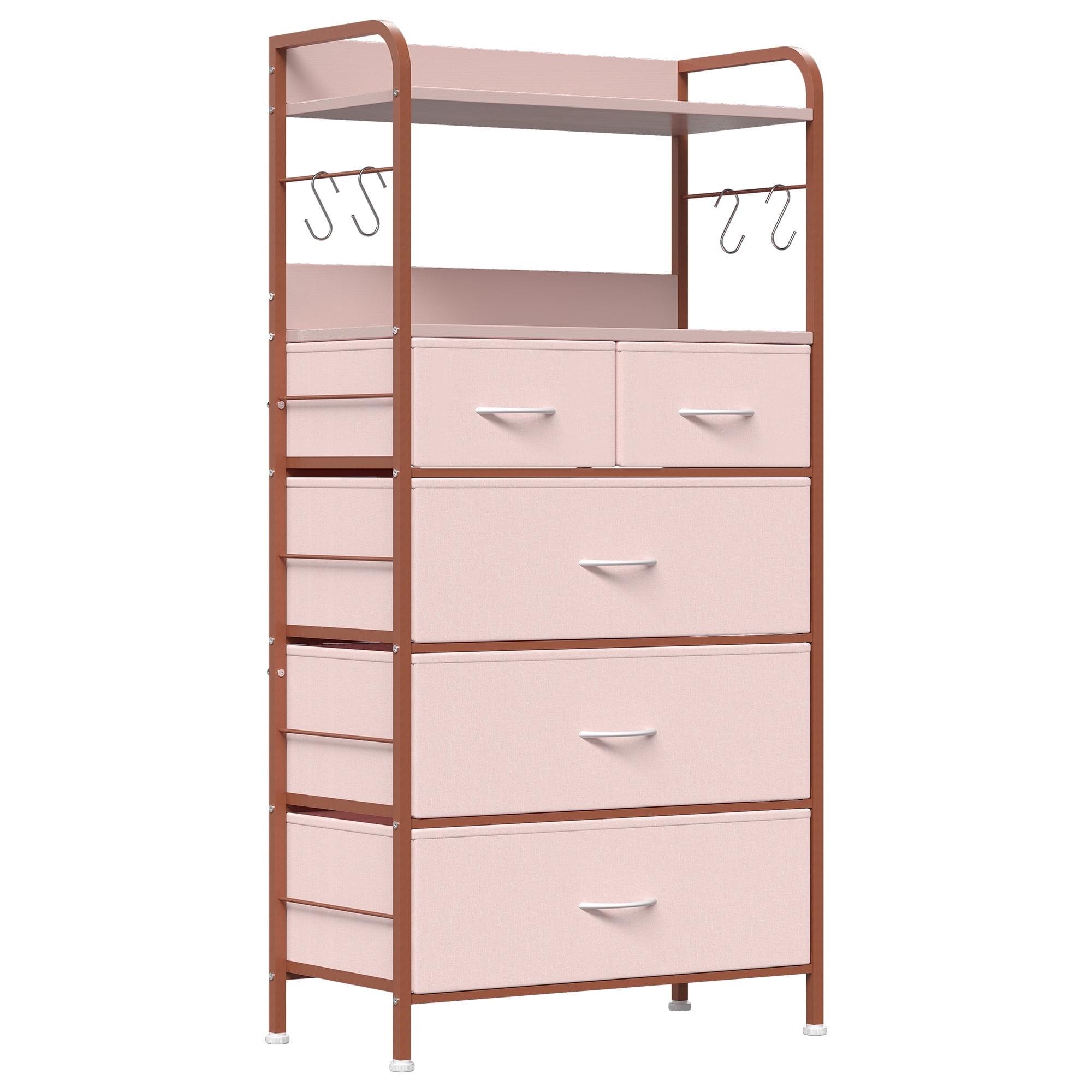 Pink Vertical 5-Drawer Fabric Dresser with Wooden Top