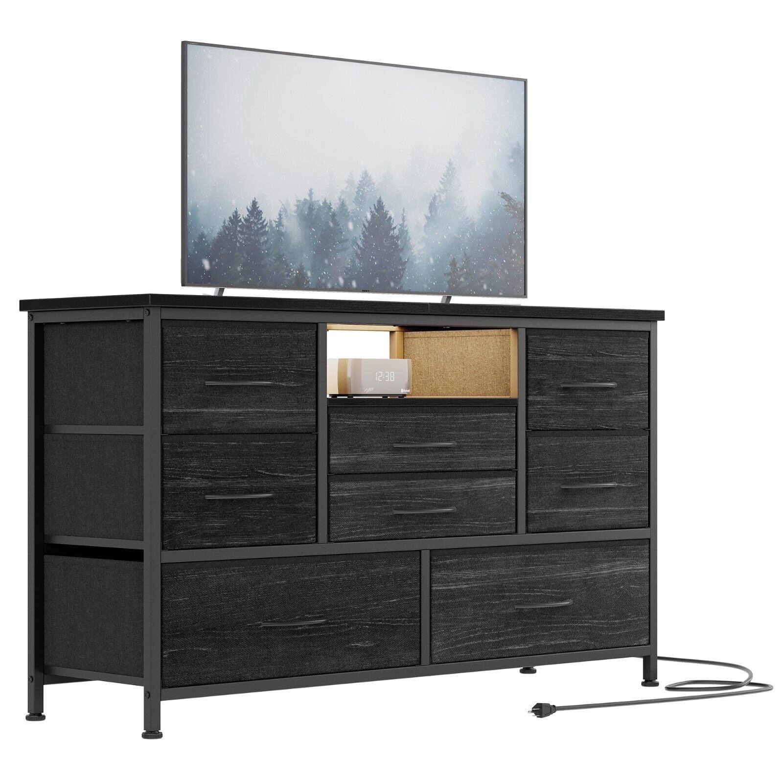 Gray 8-Drawer TV Stand with LED Lights and Power Outlets