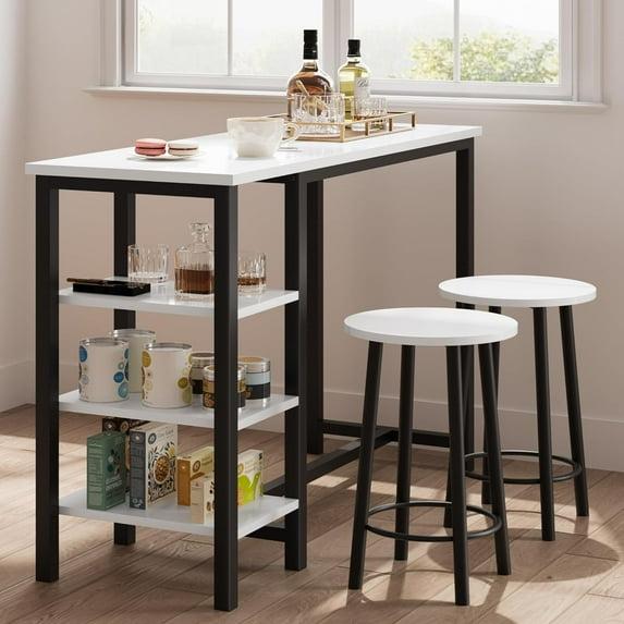 Counter Height Dining Table with Stools, Bar Table Set with 3 Storage Shelves, 3 Piece Dining Table Set for Small Space, Apartment, Kitchen, White