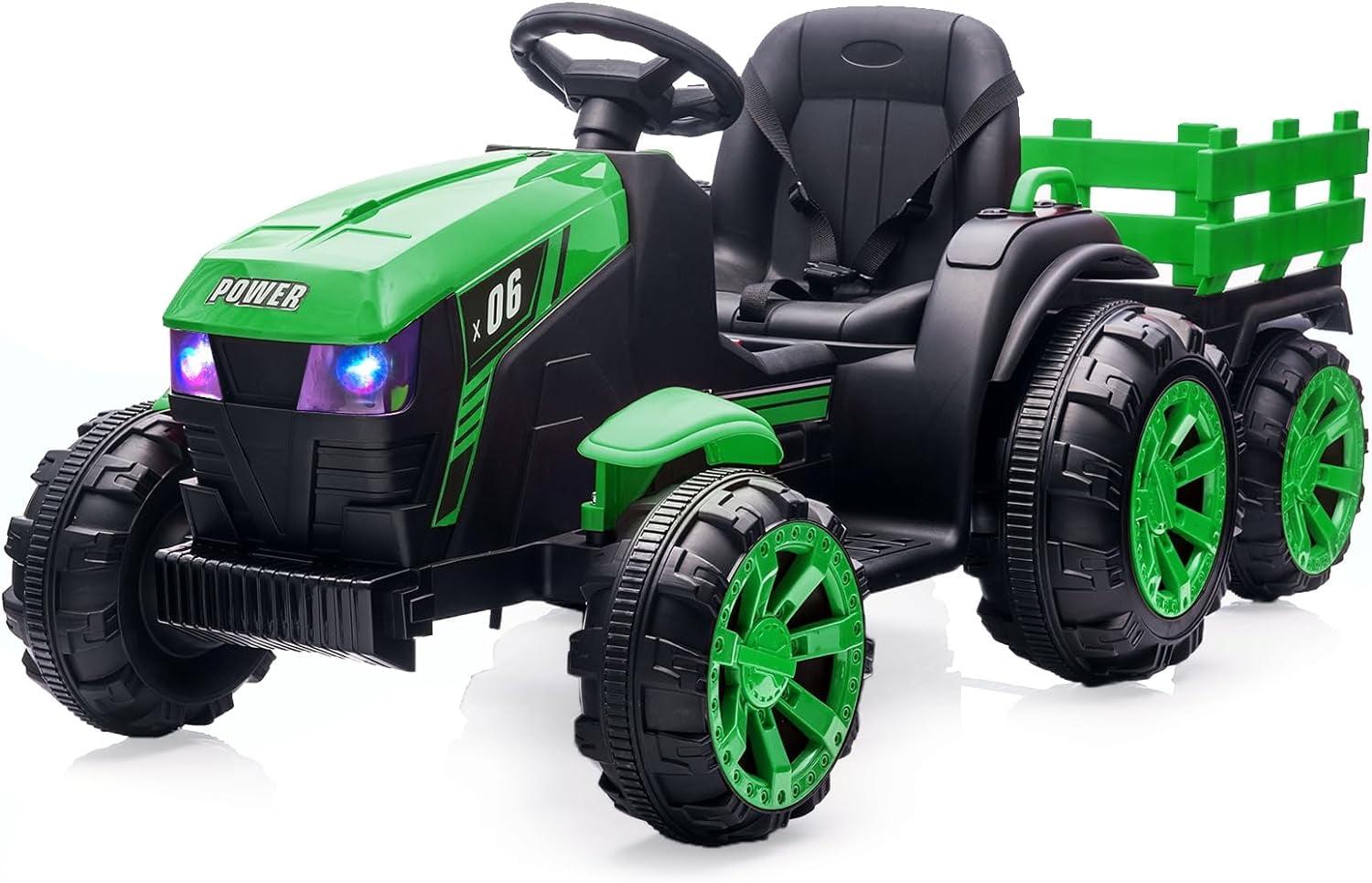 Green 12V Kids Ride-On Tractor with Trailer and Remote Control