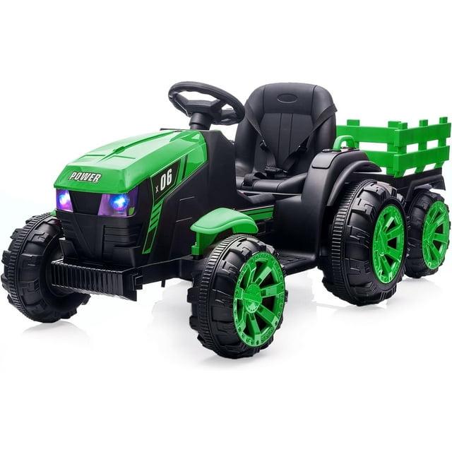 Yesurprise 12v Kids Ride On Tractor With Trailer Battery Powered Electric Vehicles Toy With 35w Dual Motor Remote Control 6 Wheels Led Lights Music