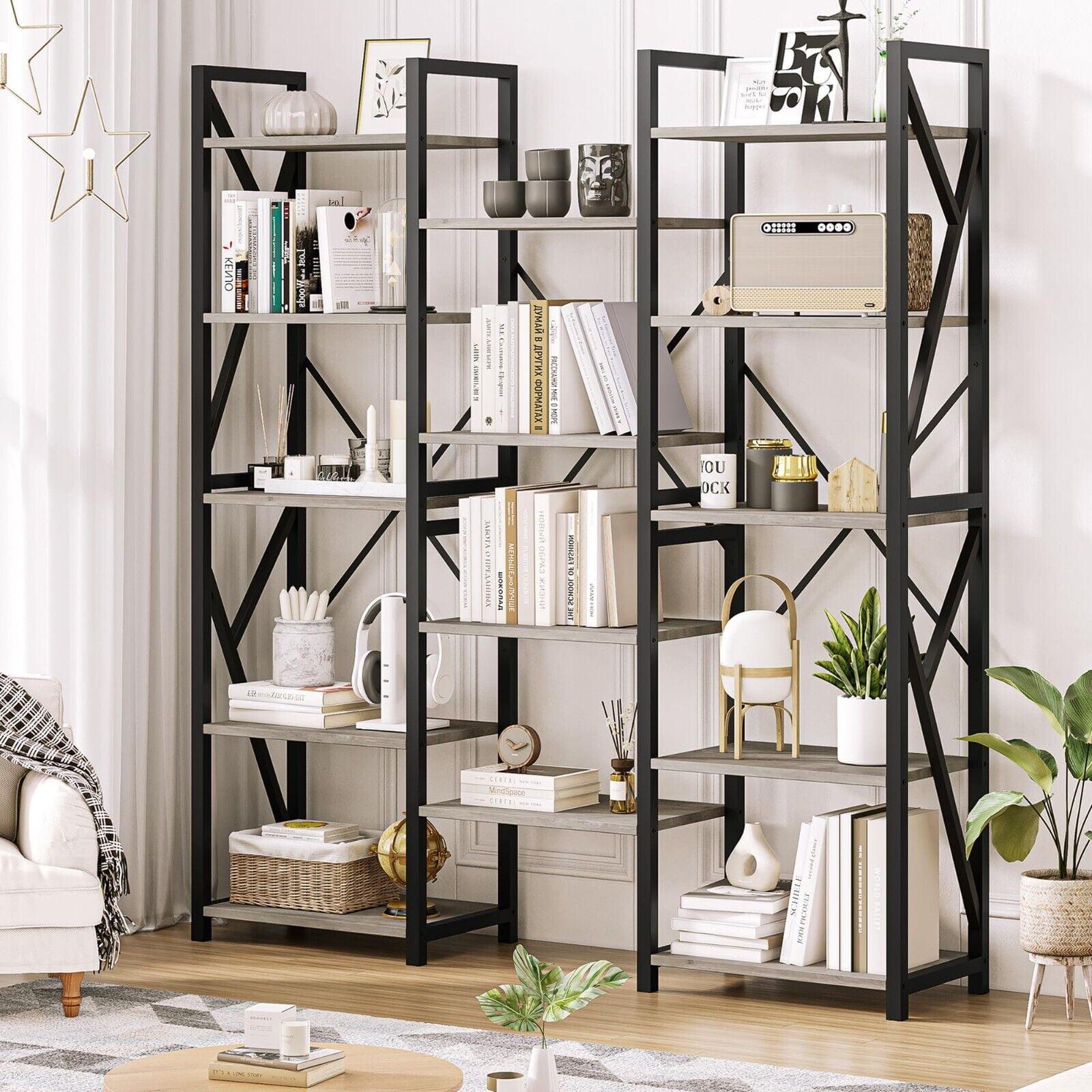 Jojoka Triple Wide 5 Tier Book Shelf, Tall Bookshelf with Open Display Shelves, Industrial Large Bookshelves and Bookcases with Metal Frame for Living Room, Bedroom, Home Office-Rustic Grey
