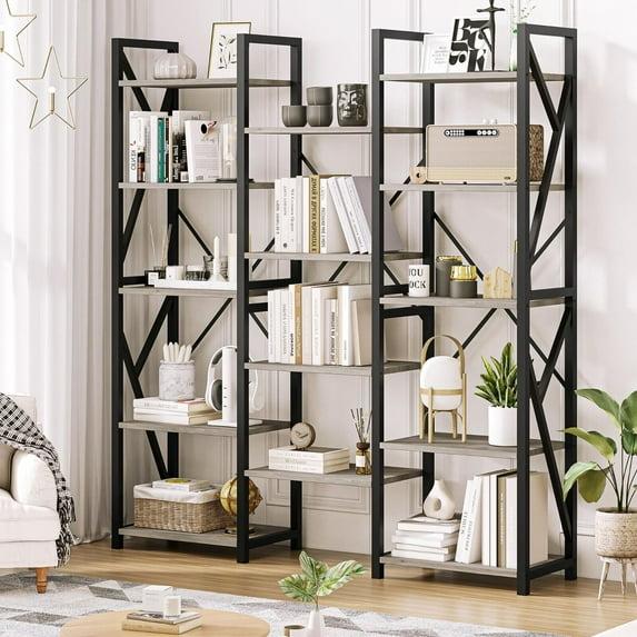 Jojoka Triple Wide 5 Tier Book Shelf, Tall Bookshelf with Open Display Shelves, Industrial Large Bookshelves and Bookcases with Metal Frame for Living Room, Bedroom, Home Office-Rustic Grey