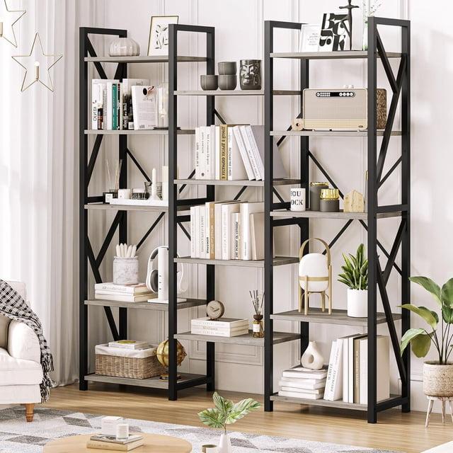 Jojoka Triple Wide 5 Tier Book Shelf, Tall Bookshelf with Open Display Shelves, Industrial Large Bookshelves and Bookcases with Metal Frame for Living Room, Bedroom, Home Office-Rustic Grey