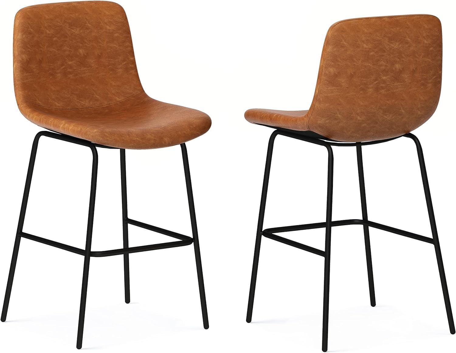 Contemporary Camel Brown Faux Leather Counter Stool with Black Metal Base