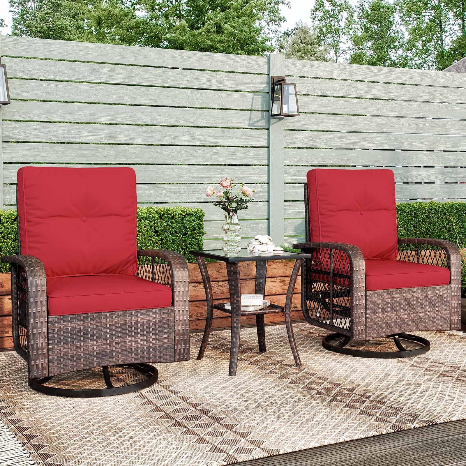 ECOPATIO 3 Pieces Patio Furniture Set, Outdoor Swivel Gliders Rocker, Wicker Patio Bistro Set with Rattan Rocking Chair, Glass Top Side Table and Thickened Cushions for Porch Deck Backyard(Red)
