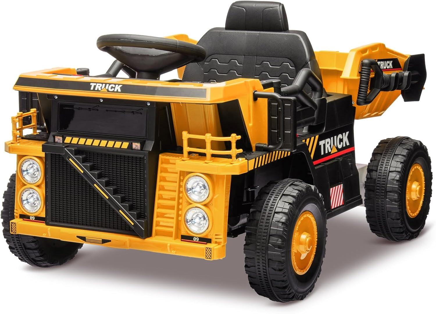 Ride On Dump Truck for Kids,12V Ride On Construction Vehicle with Remote Control, Shovel, Music Player, Shock Absorption, for 3+