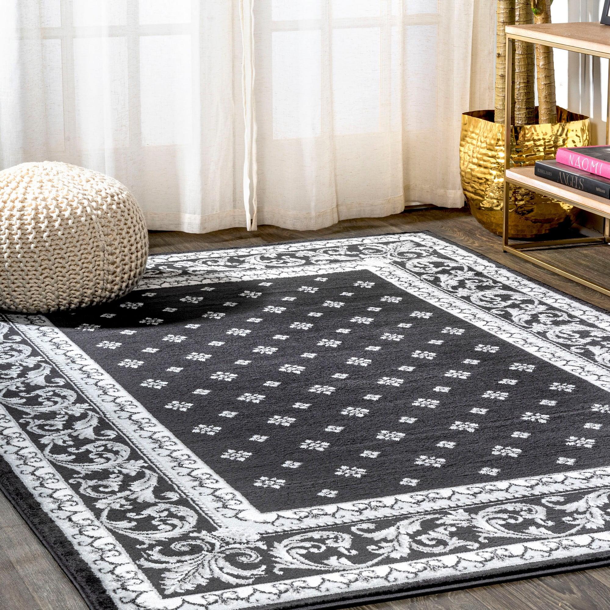 Black and Gray Synthetic Round French Border Area Rug