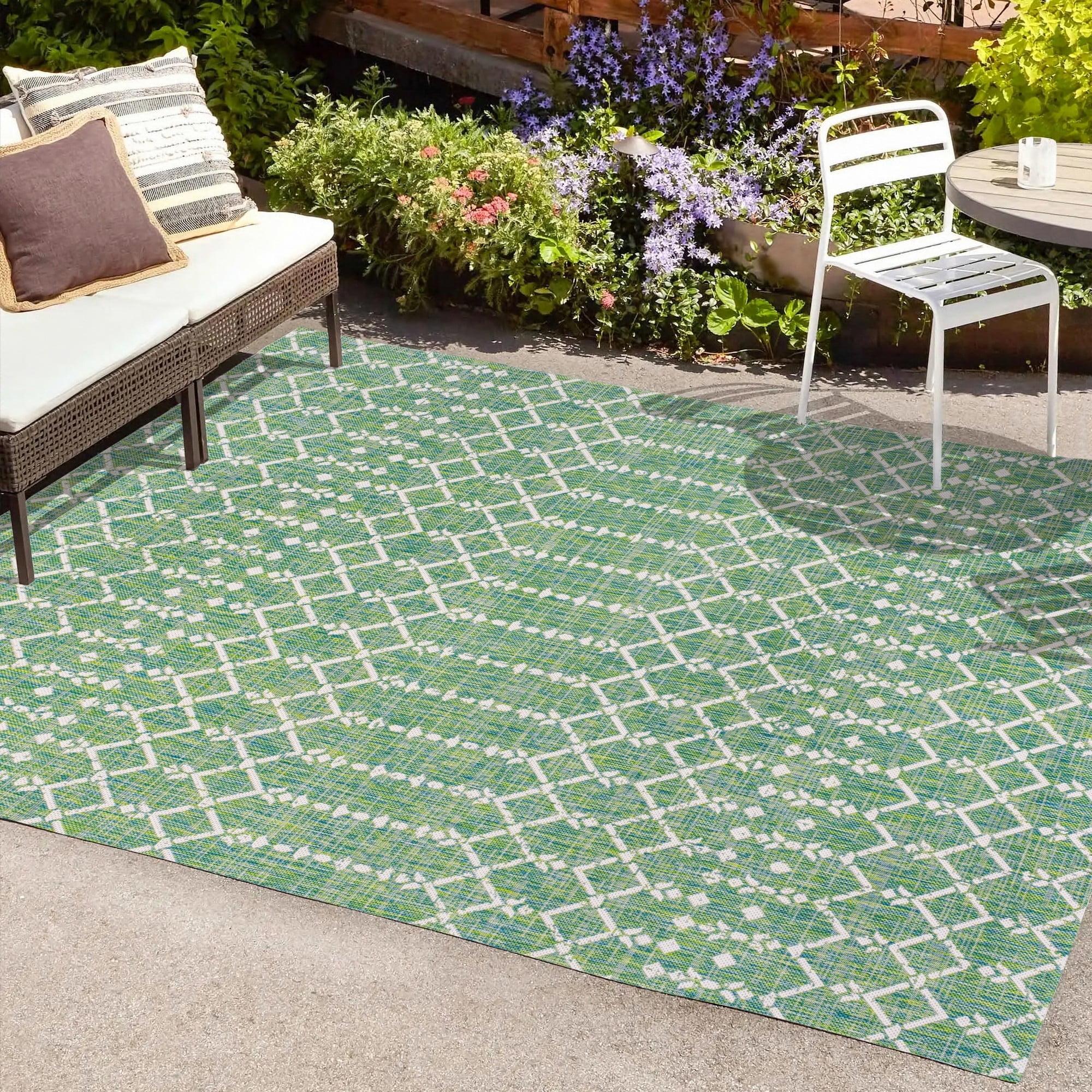 9' x 12' Ourika Moroccan Geometric Textured Weave Indoor/Outdoor Area Rug, Green/Cream - JONATHAN Y