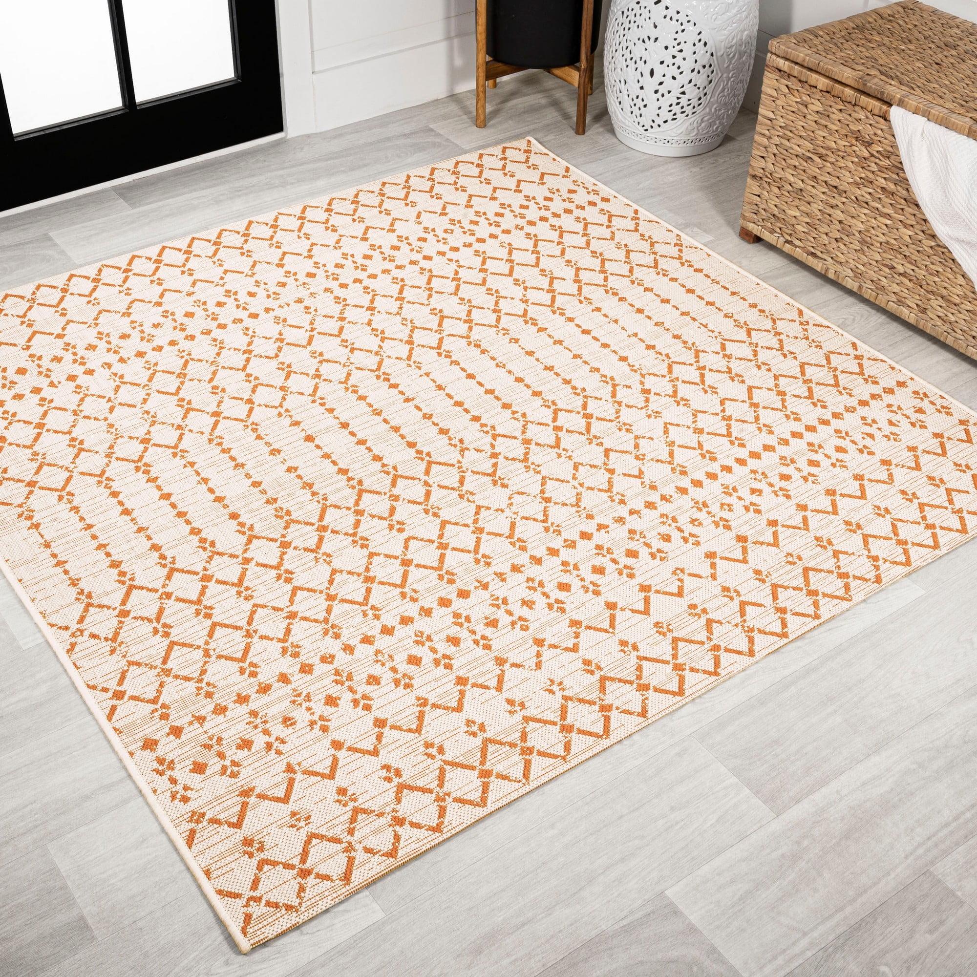 5' x 5' Ourika Moroccan Geometric Textured Weave Indoor/Outdoor Area Rug, Cream/Orange - JONATHAN Y