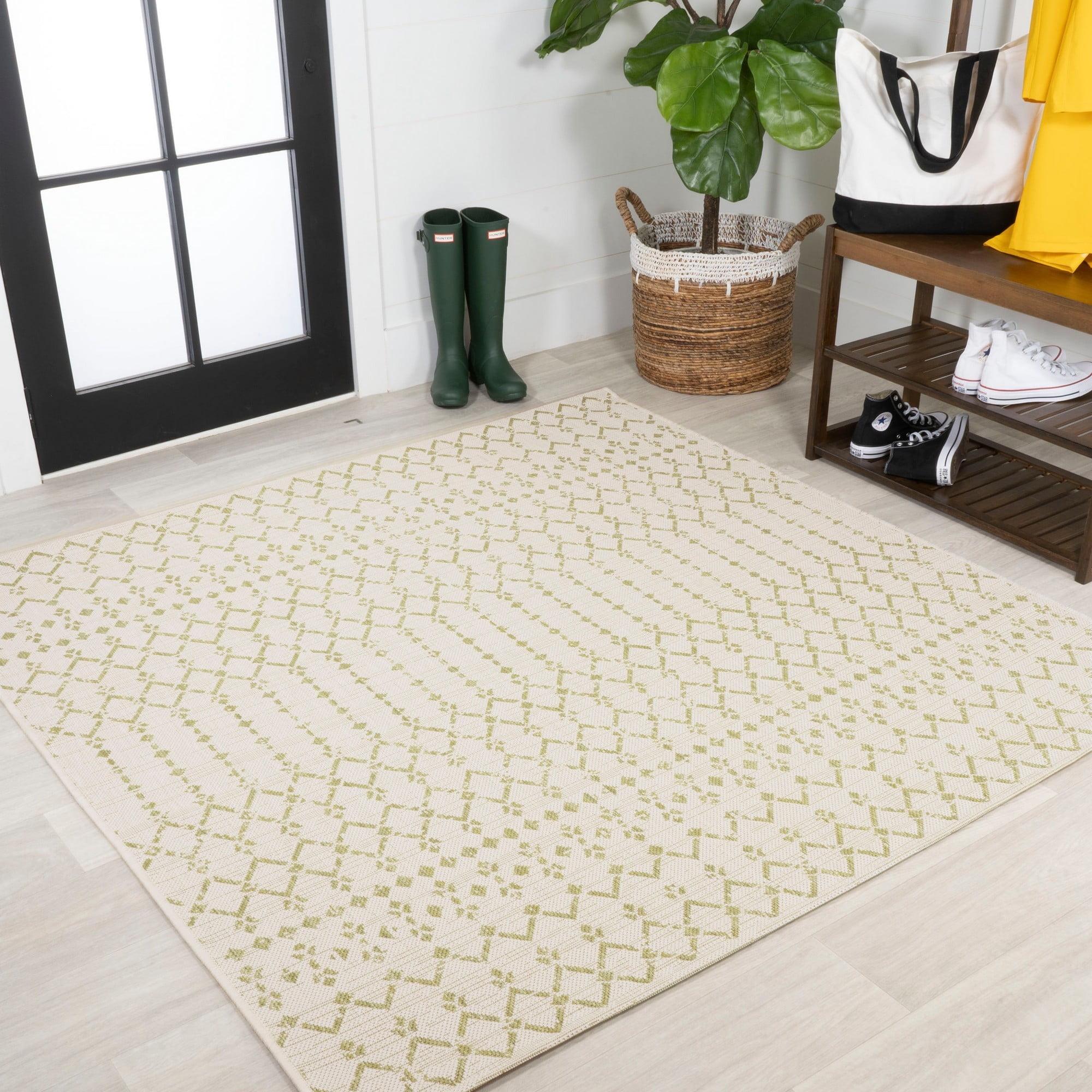 5' x 5' Ourika Moroccan Geometric Textured Weave Indoor/Outdoor Area Rug, Cream/Green - JONATHAN Y