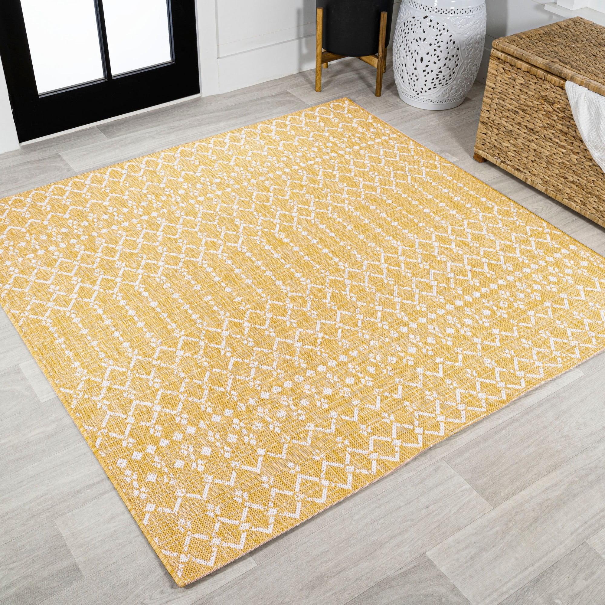 5' x 5' Ourika Moroccan Geometric Textured Weave Indoor/Outdoor Area Rug, Yellow/Cream - JONATHAN Y