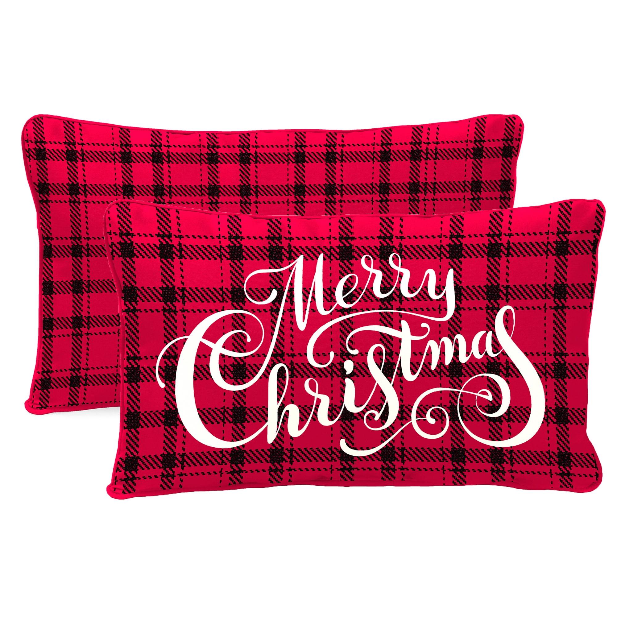 Merry Christmas Red Plaid Reversible Outdoor Lumbar Pillows, 12" x 16" (2 Pack)