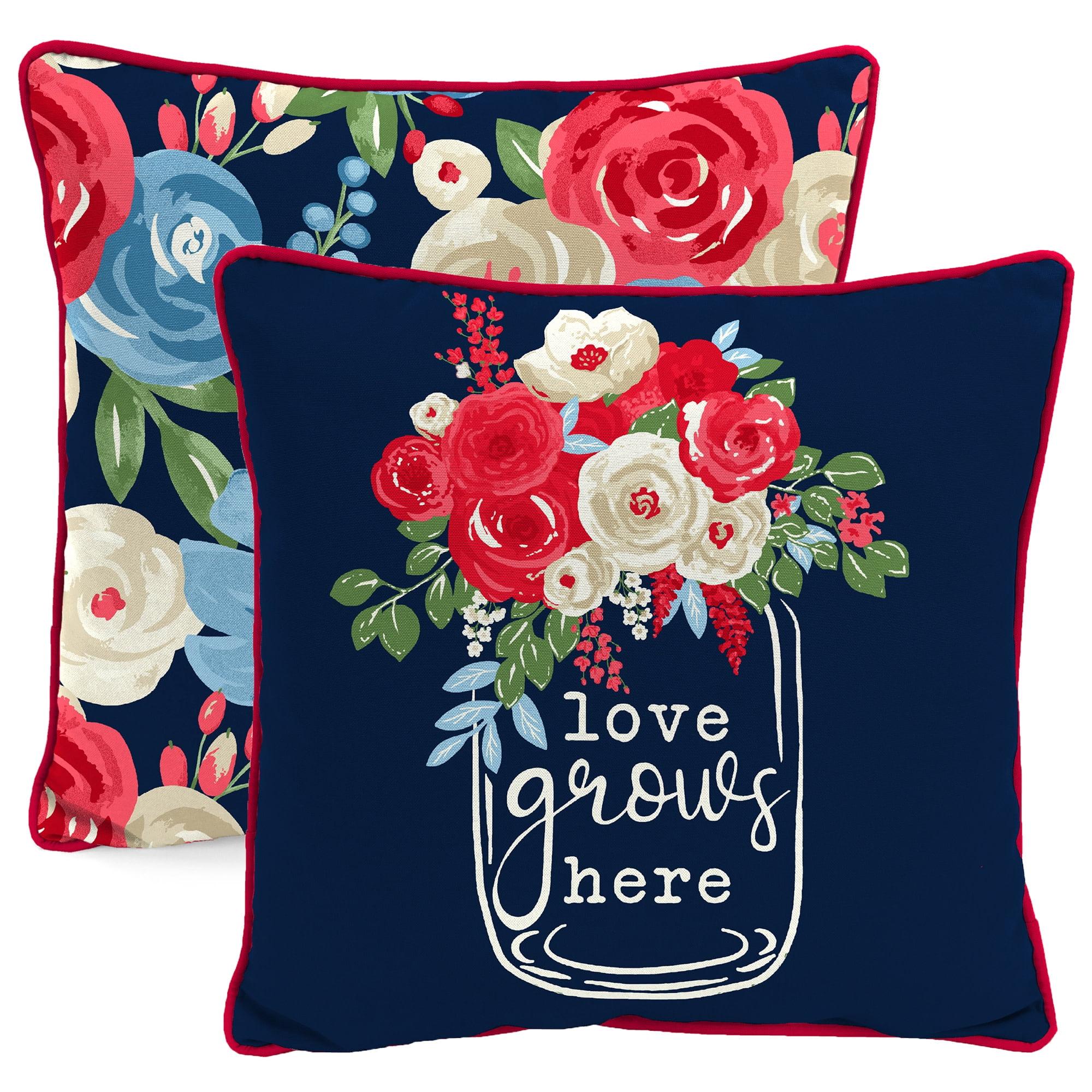 Jordan Manufacturing 16" x 16" Love Grows Here Navy Novelty and Multicolor Floral Reversible Square Outdoor Throw Pillow with Welt