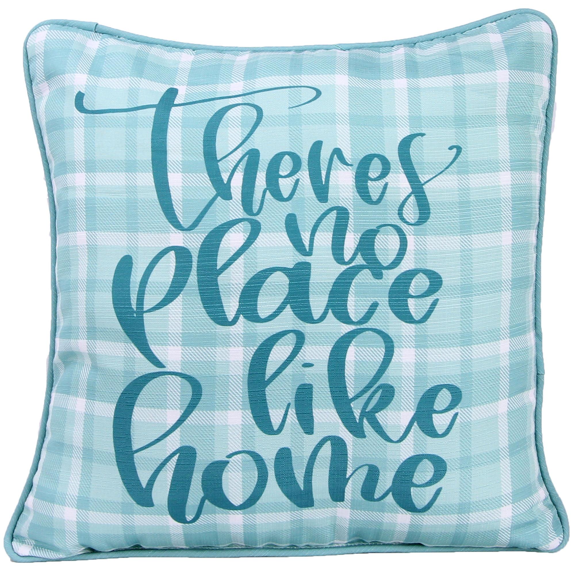 Jordan Manufacturing 18" x 18" Aqua Plaid No Place Like Home Novelty Square Reversible Decorative Throw Pillow with Welt