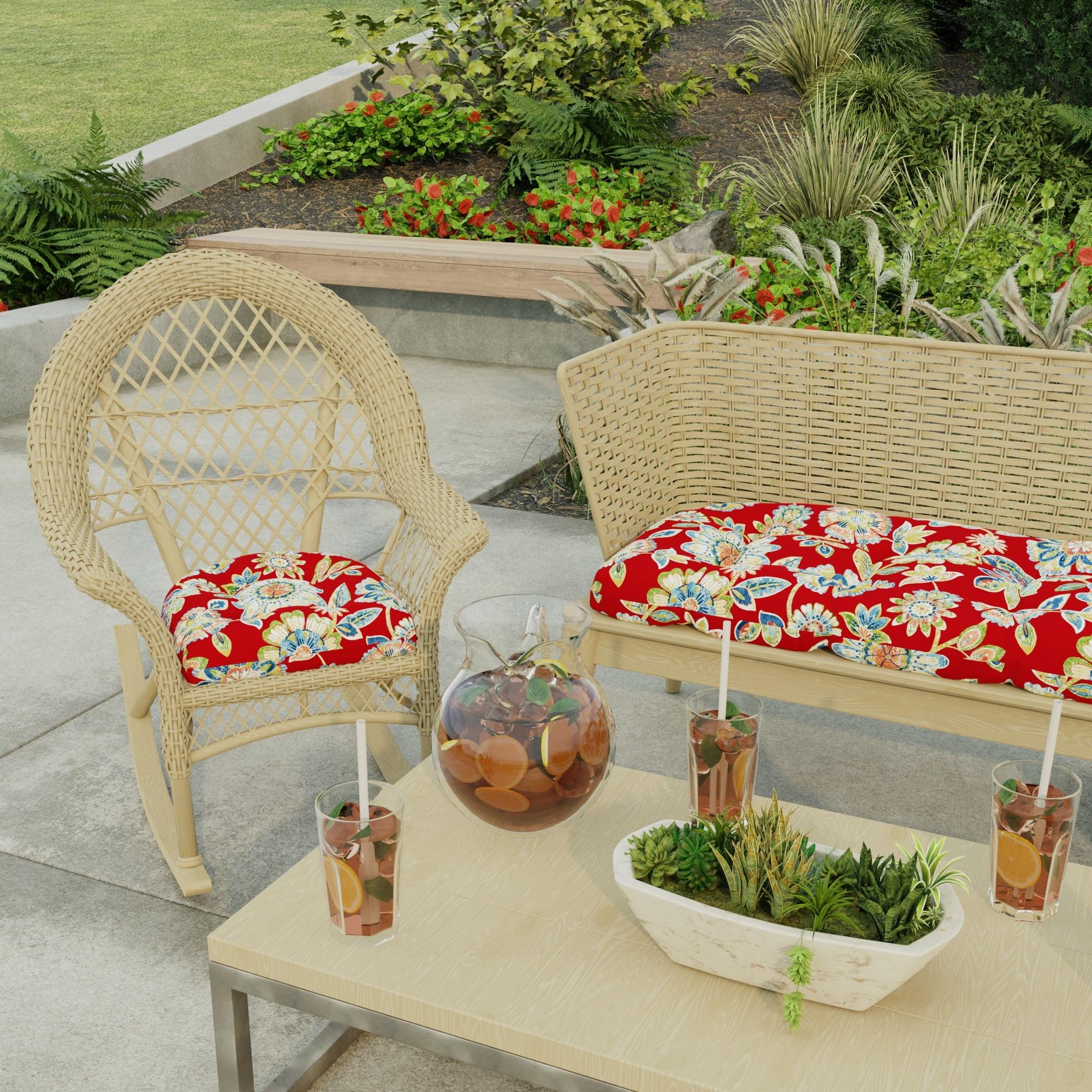 19" Red Floral Tufted Outdoor Wicker Seat Cushions (Set of 2)