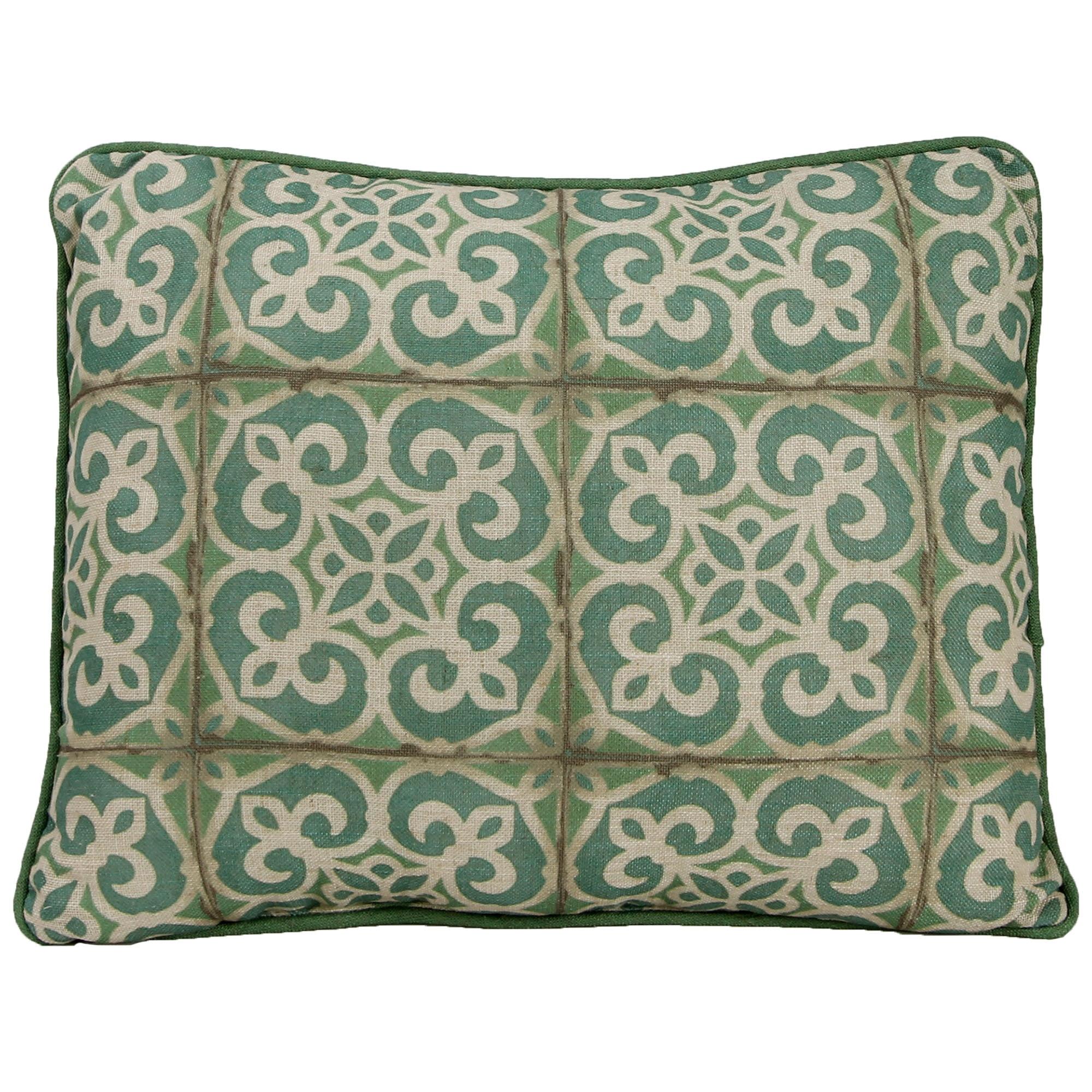 Jordan Manufacturing 20" x 15" Green and Cream Medallion Tiles Rectangular Reversible Decorative Lumbar Throw Pillow with Welt