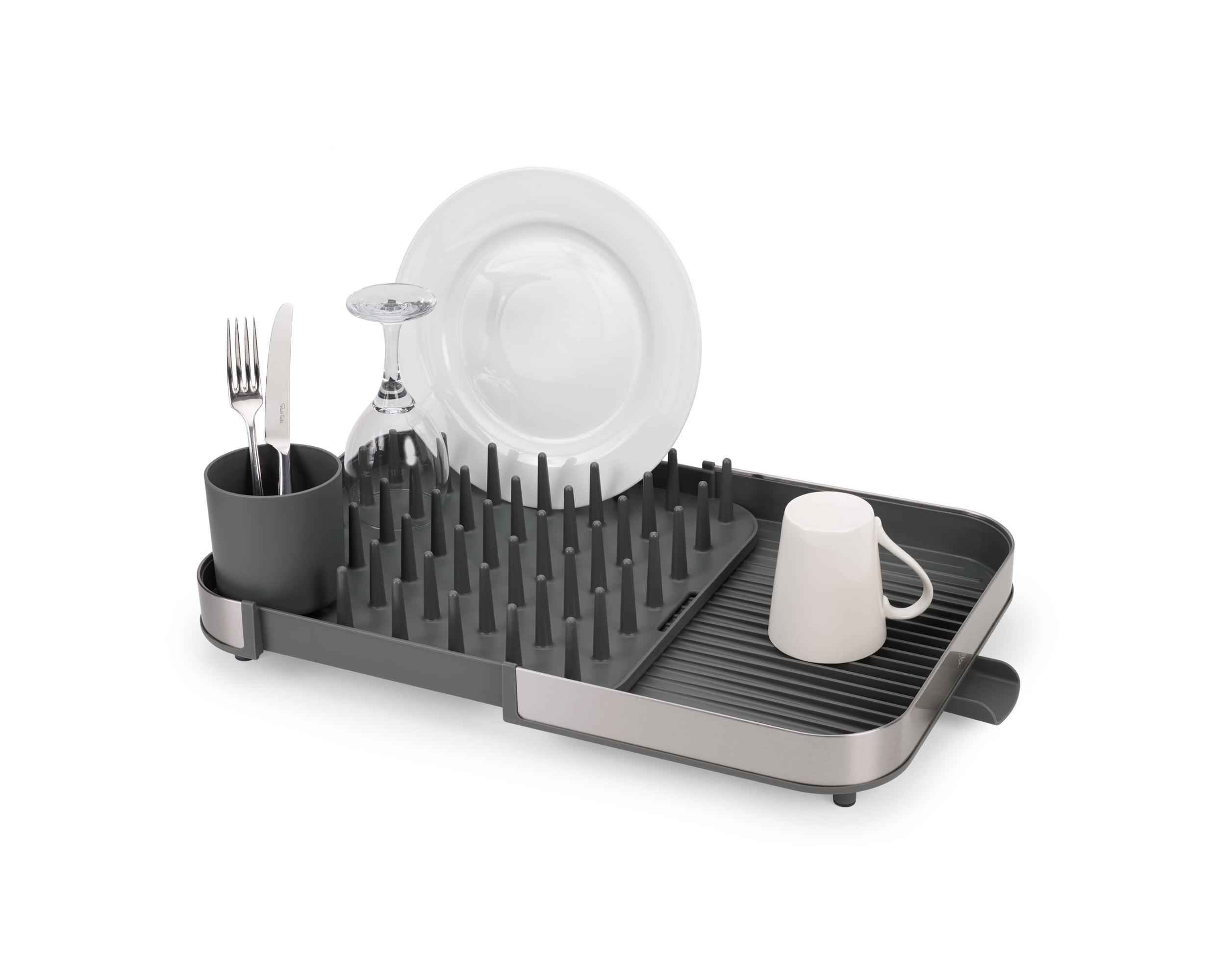 Expandable Stainless Steel and Gray Plastic Dish Rack with Utensil Cup