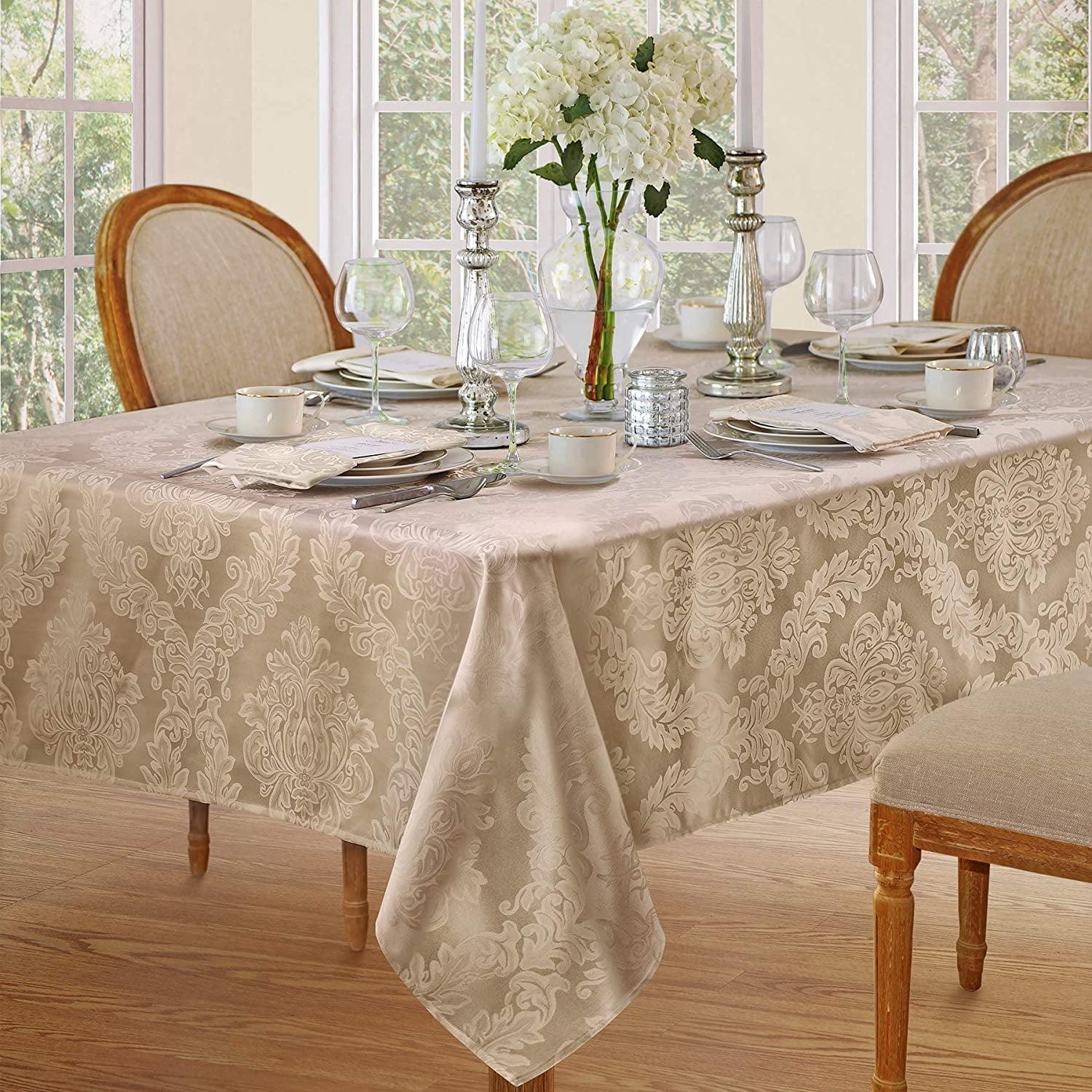 Barcelona Beige Jacquard Damask Stain Resistant Rectangular Tablecloth