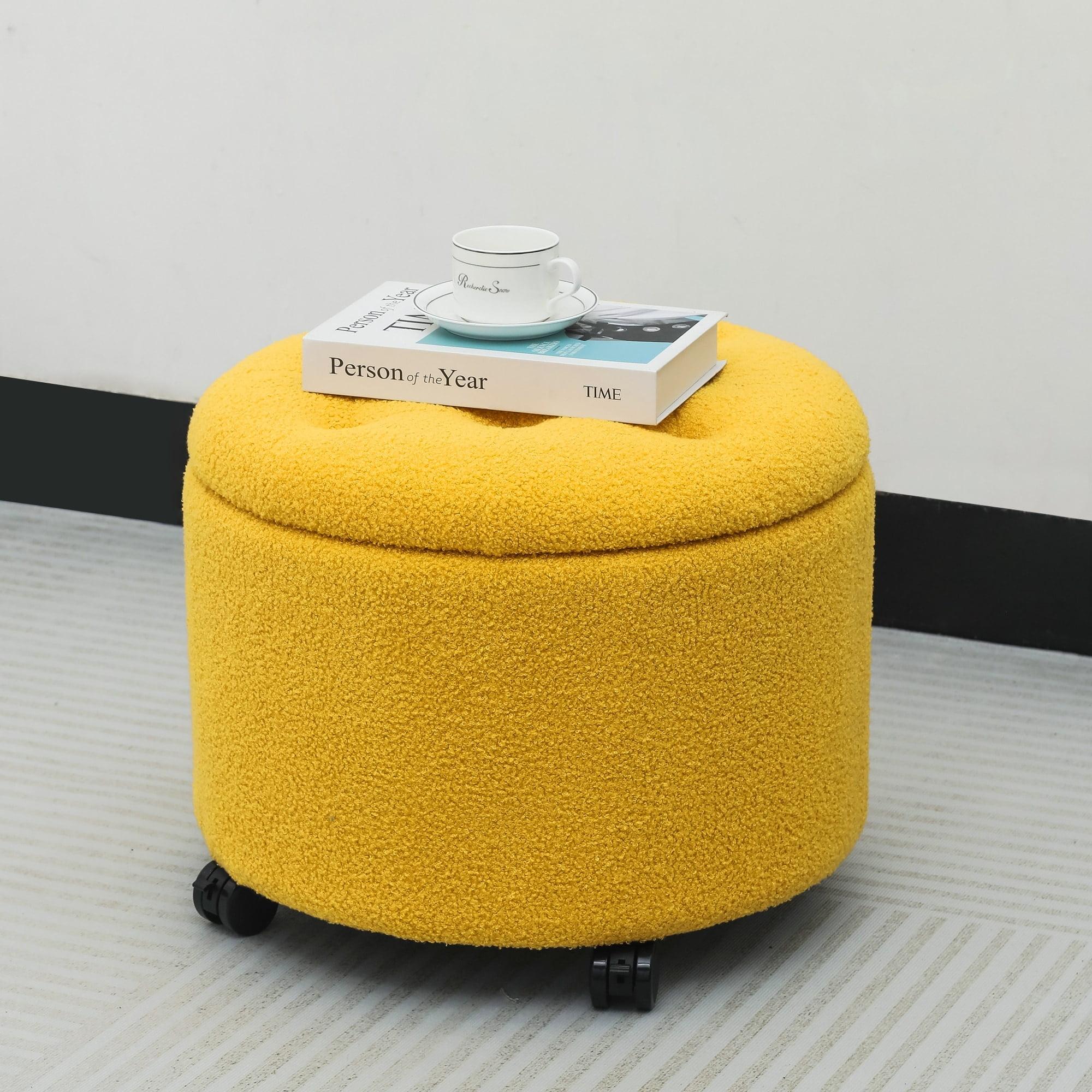 Round Storage Ottoman with Casters, Teddy Velvet Button Tufted Foot Rest Stool for Living Room Bedroom