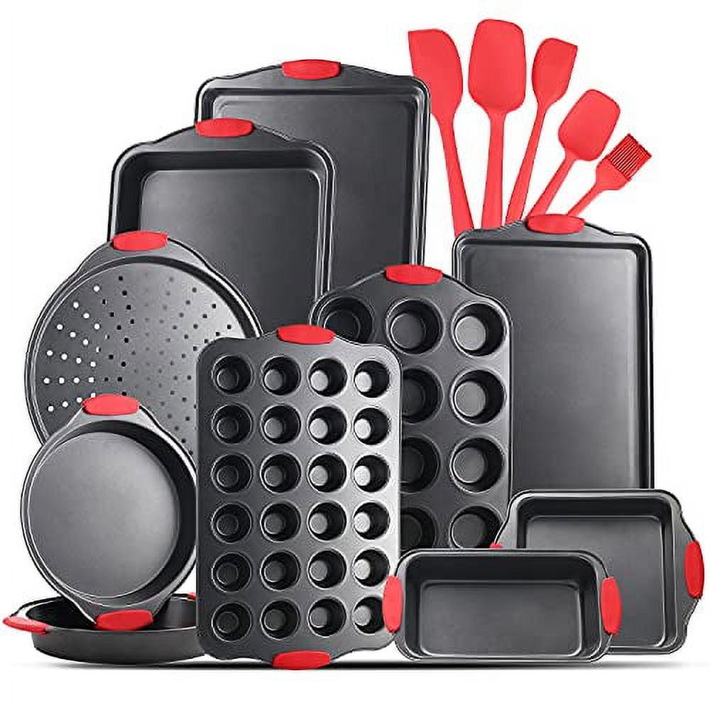 15-Piece Black Carbon Steel Bakeware Set with Red Silicone Handles