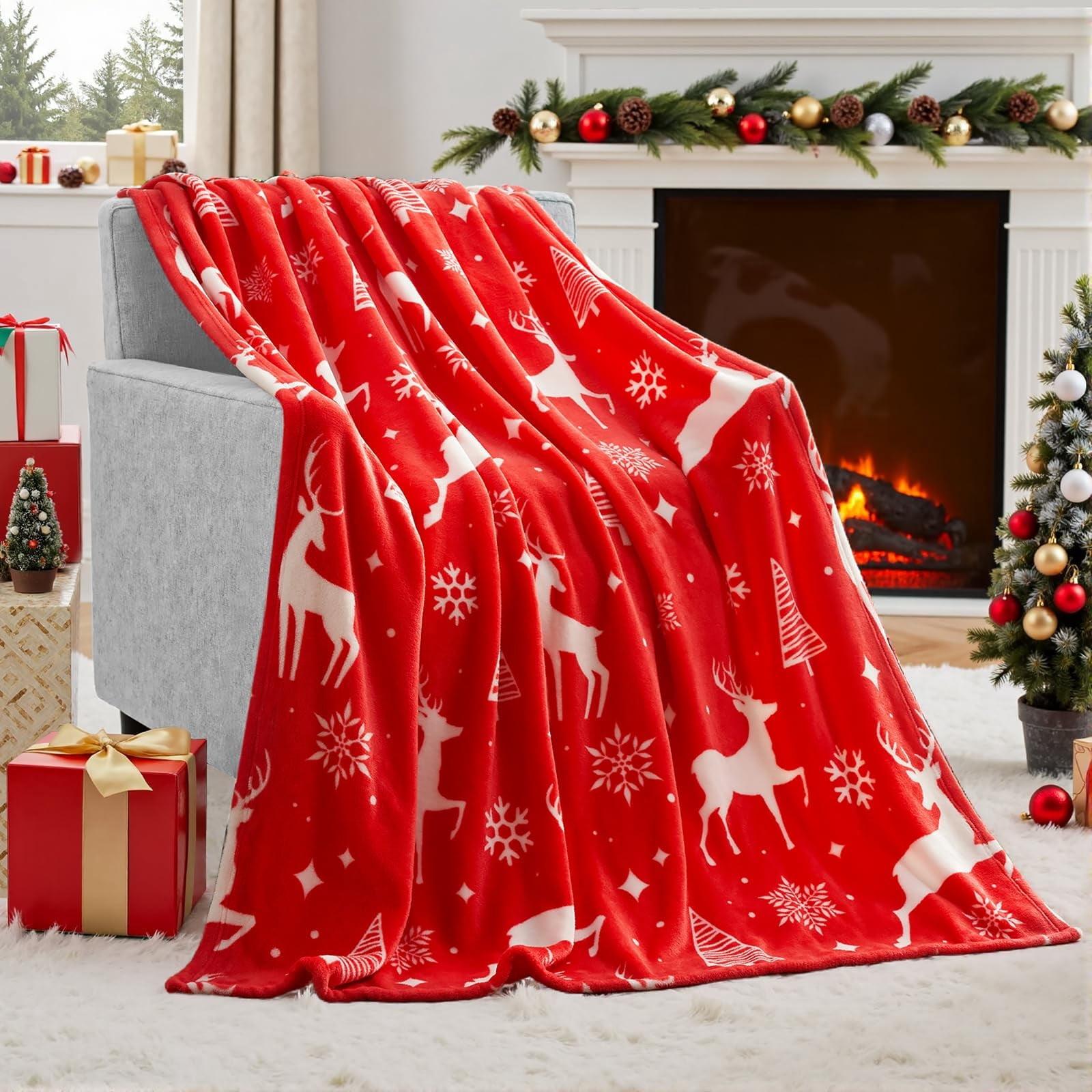 Joyfy 50x60’’ Christmas Throw Blanket, Soft Fleece Reindeer Blanket, Warm Plush Christmas Decoration, Winter Cozy Holiday Cabin Throw for Sofa Couch