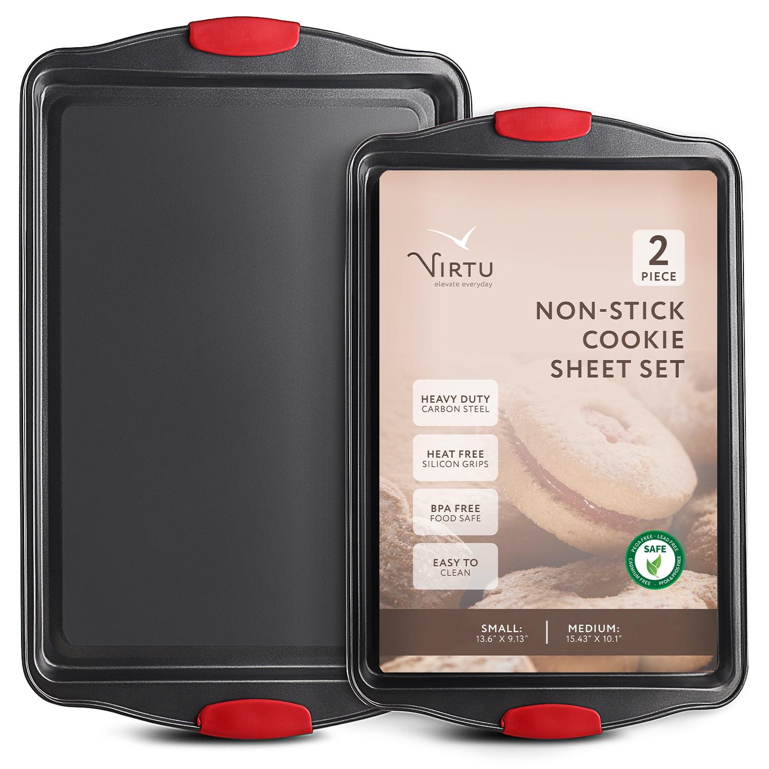 Virtu Black Carbon Steel Non-Stick Cookie Sheet Set with Red Silicone Handles