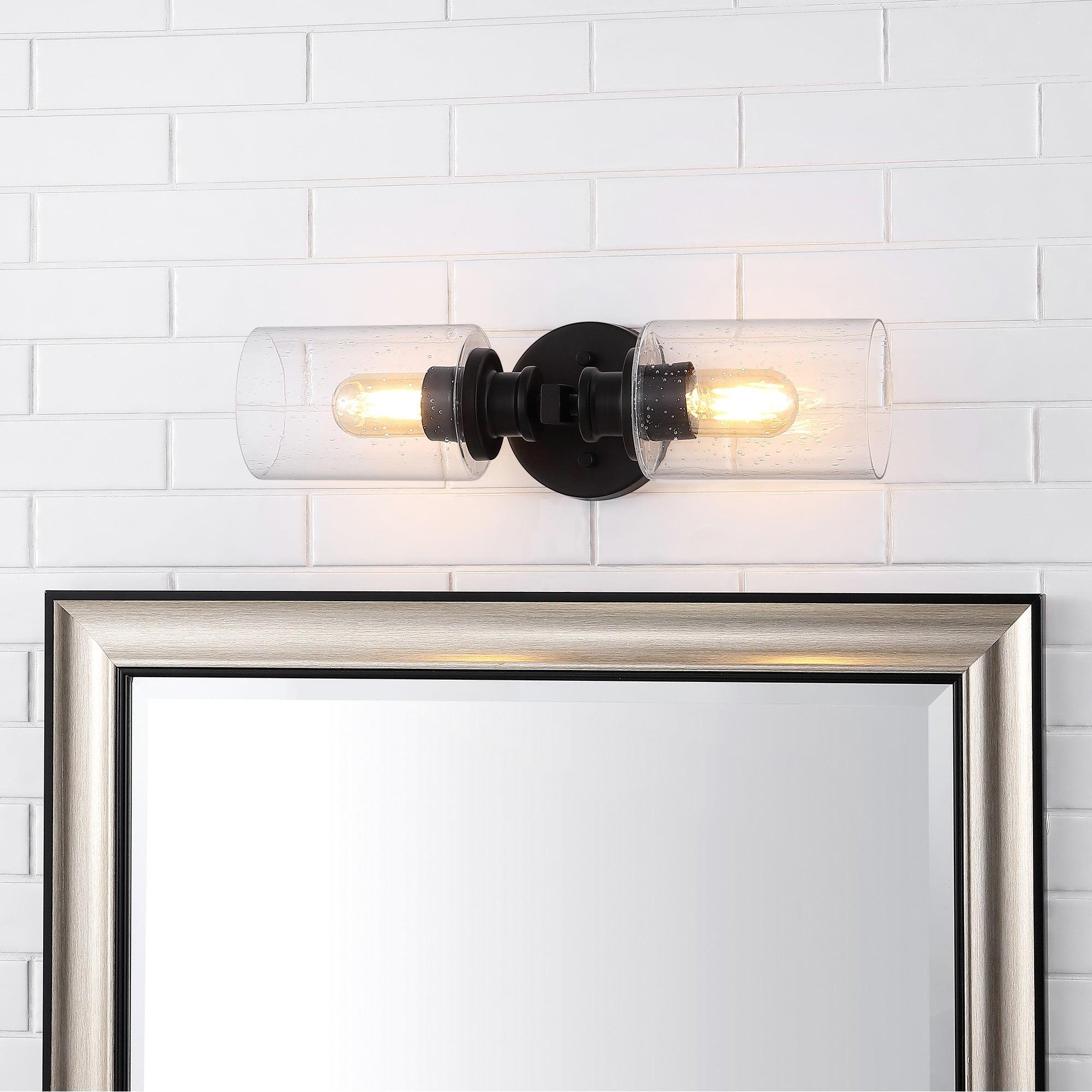 JONATHAN Y Jules Edison 16.5" Cylinder 2-Light Iron/Seeded Glass Farmhouse Contemporary LED Wall Sconce, Black