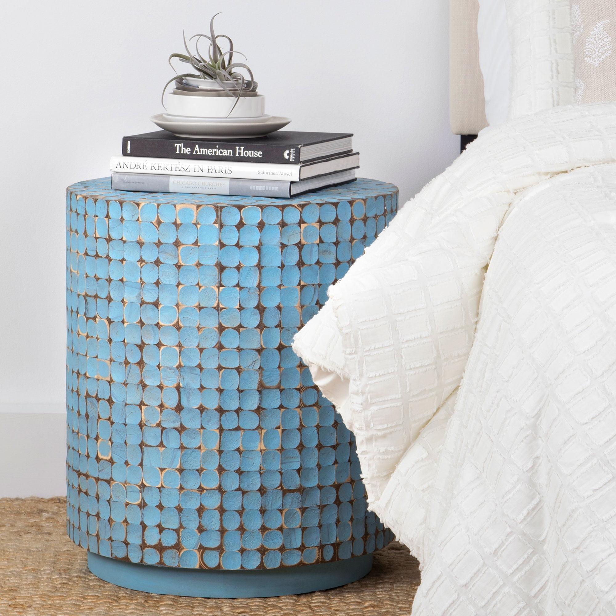 Juliette Coastal Blue Coconut Shell Mosaic Round End Table