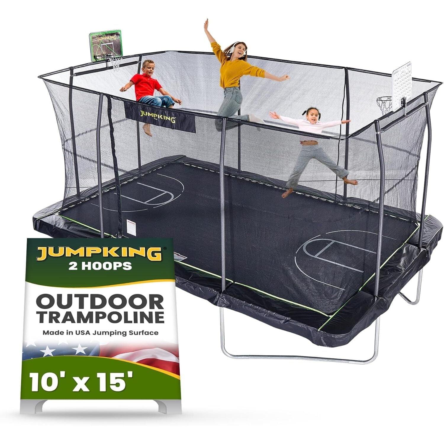 JumpKing 10'x15' Rectangle Trampoline w/ 2 Powder Coated Basketball Hoops & Breakaway Rim - Outdoor/Indoor Recreational Trampoline w/ Enclosure Net - Holiday Gift for Kids, Adults, and Family Fun