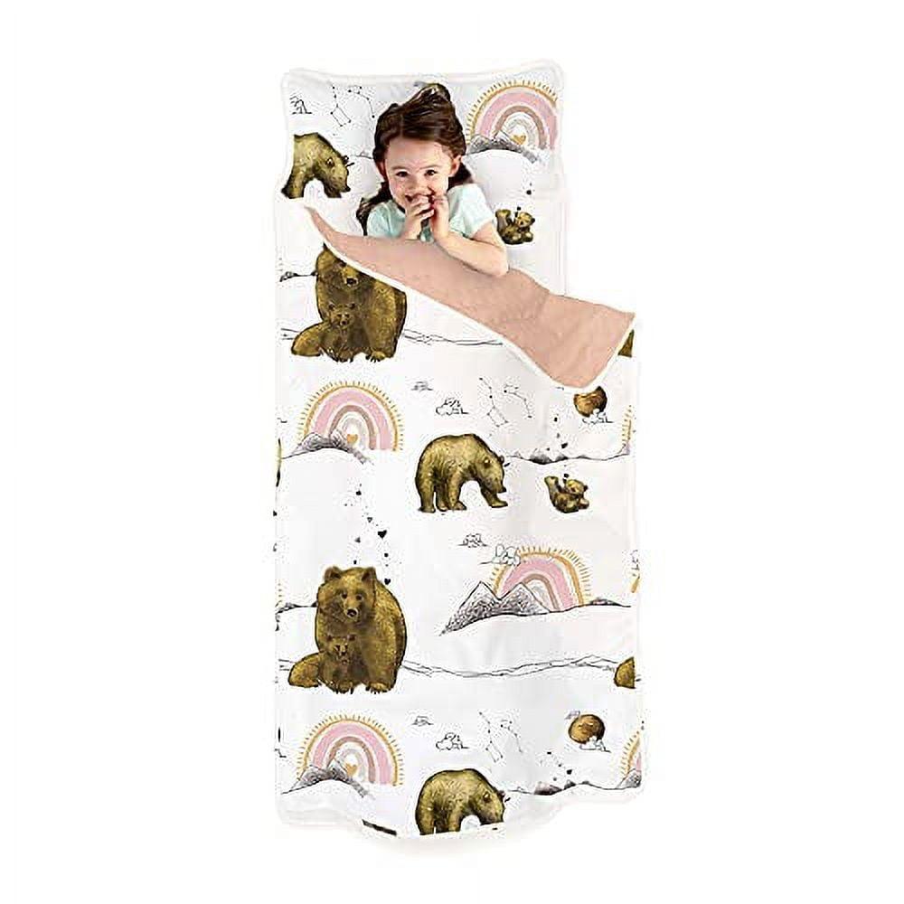 Extra Long Toddler Nap Mat - Sleeping Bag for Kids with Removable Pillow and Ultra Soft Blanket for Preschool, Daycare, and Sleepovers - Rainbow Bears