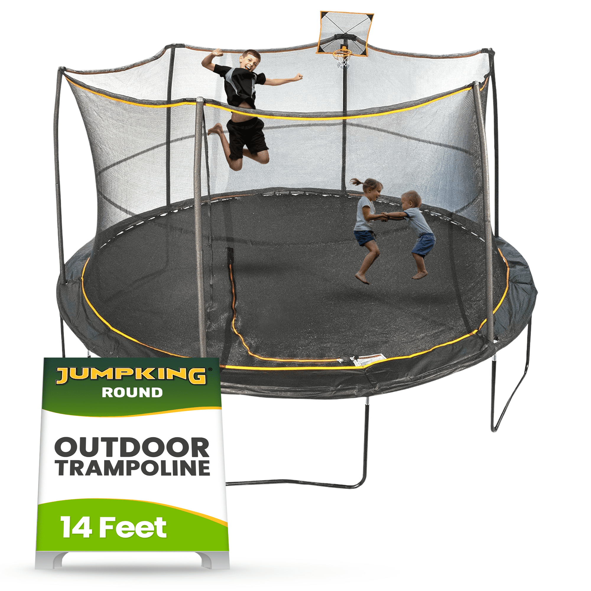 14-Foot Black Round Kids' Trampoline with Enclosure