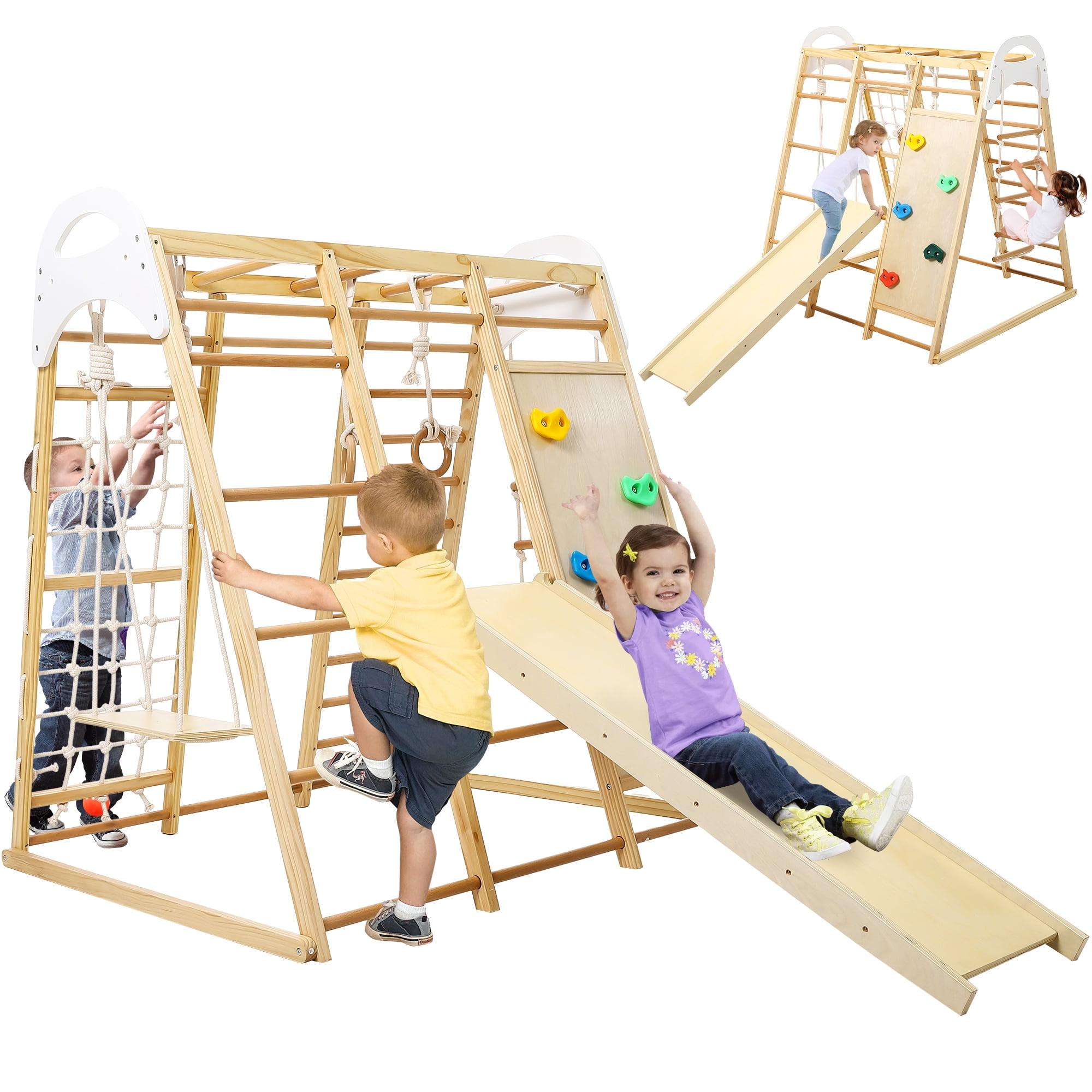 Colorful Wooden 8-in-1 Indoor Jungle Gym with Slide