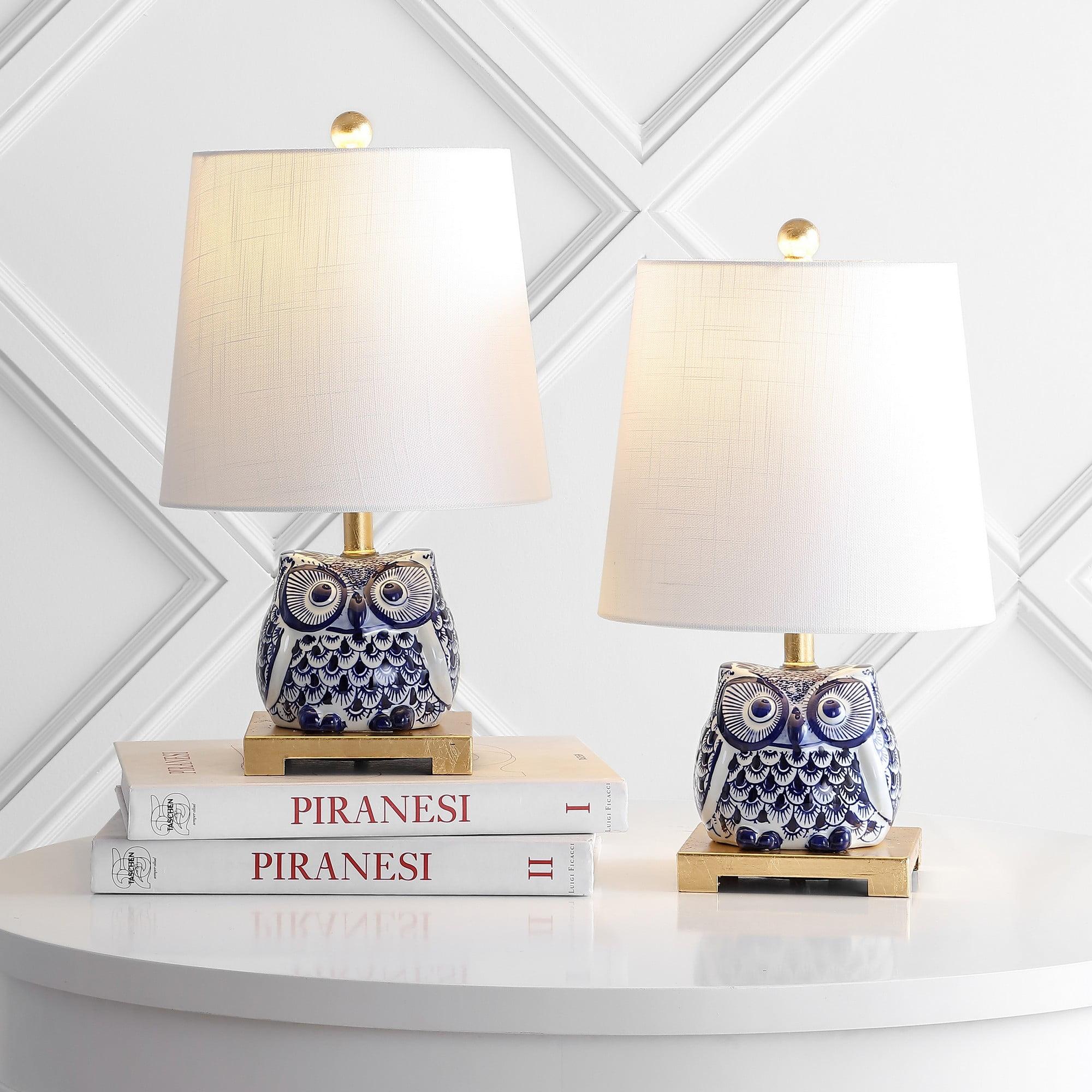 Justina Blue Ceramic Owl Table Lamp Set with White Shade