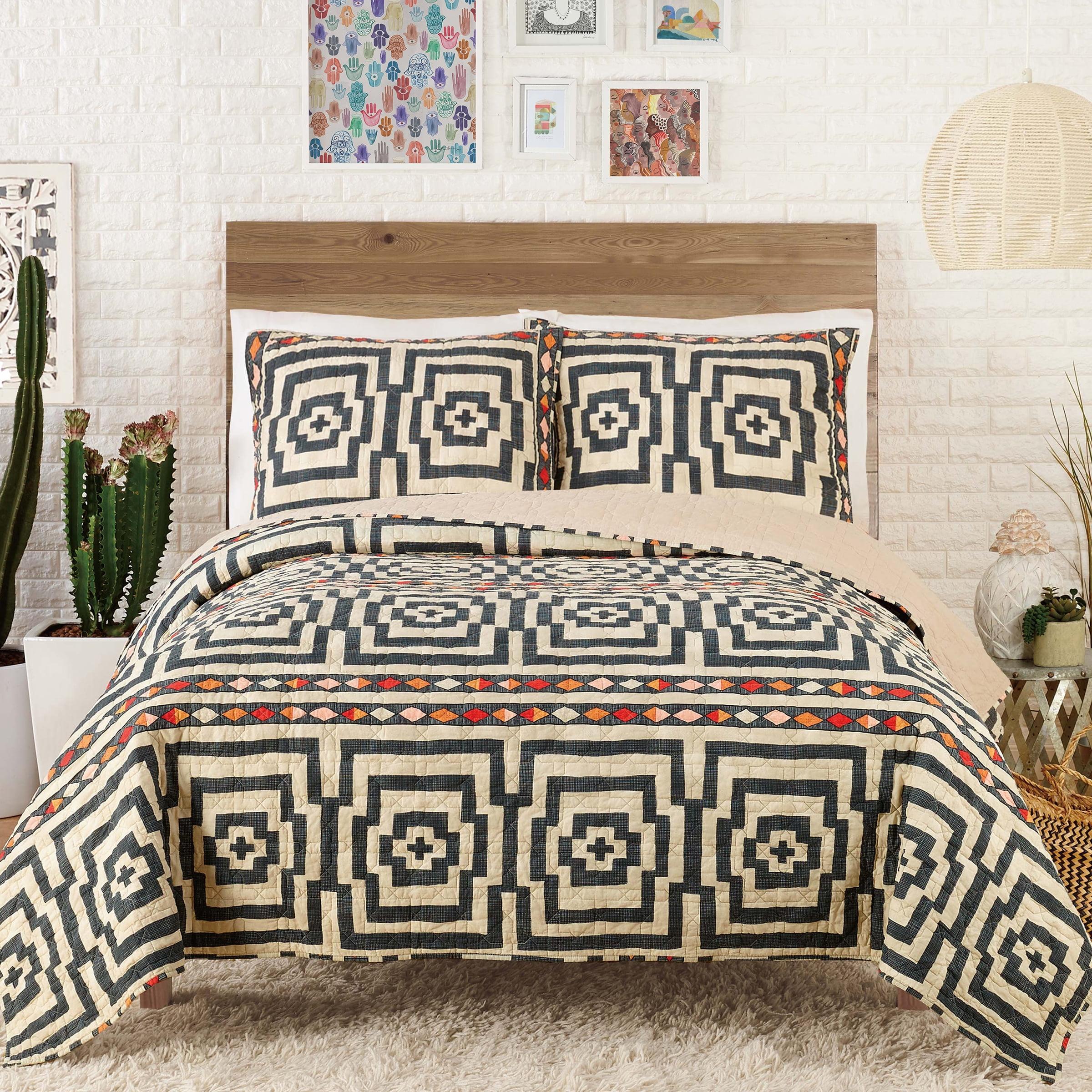 Jungalow 2pc Twin/Twin Extra Long Hypnotic Quilt Set Black: Bohemian Style, Cotton Weave, Includes Sham