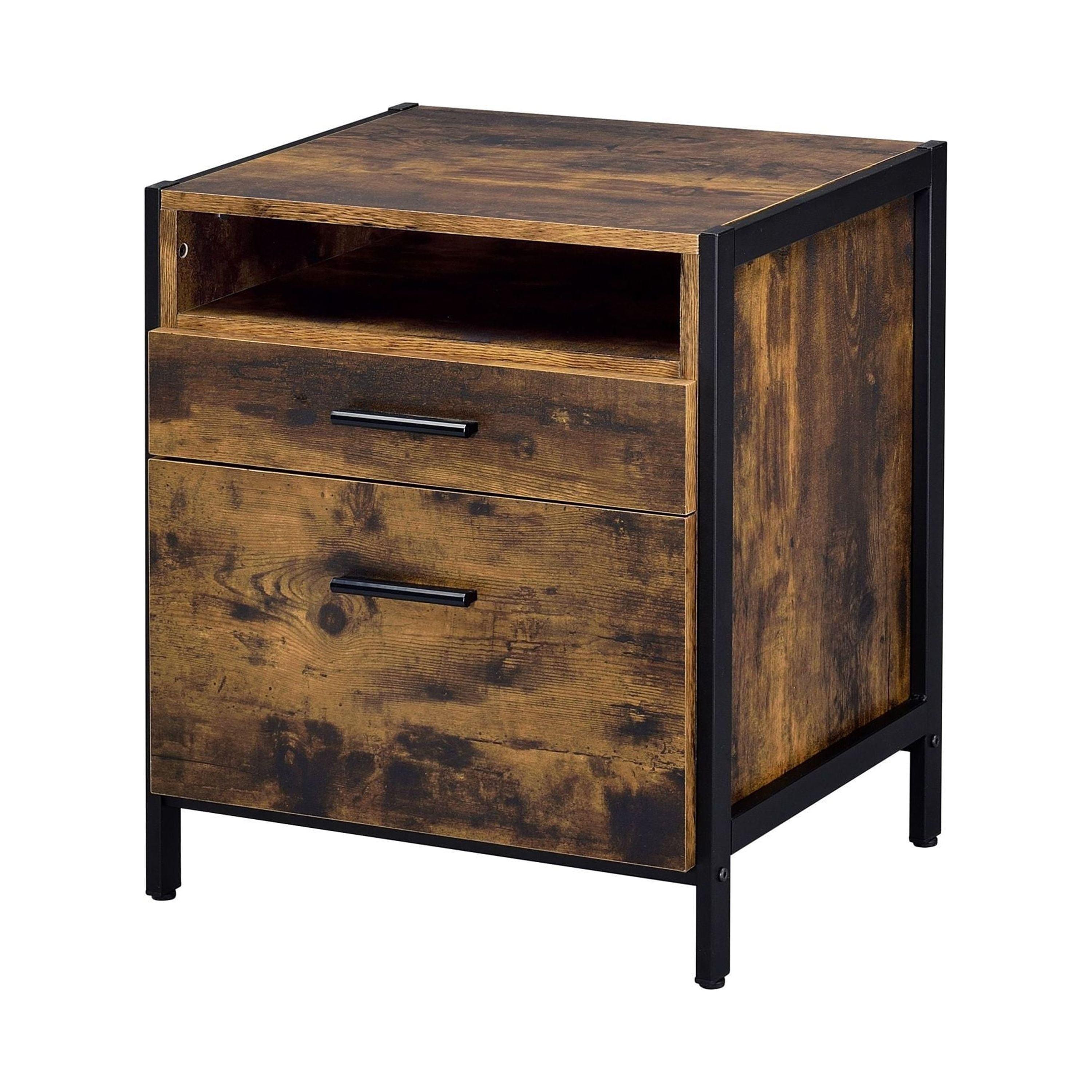 Rustic Oak and Black 2-Drawer Industrial Nightstand