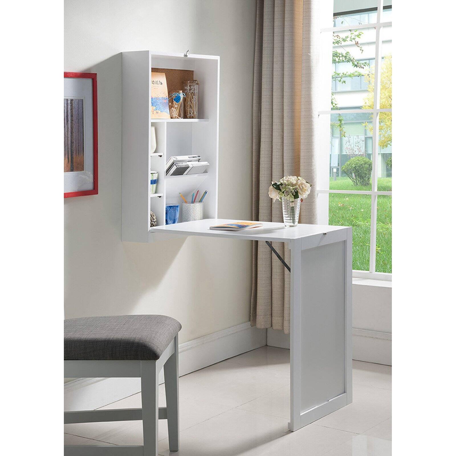 White Foldable Wall-Mounted Desk with Storage and Drawer