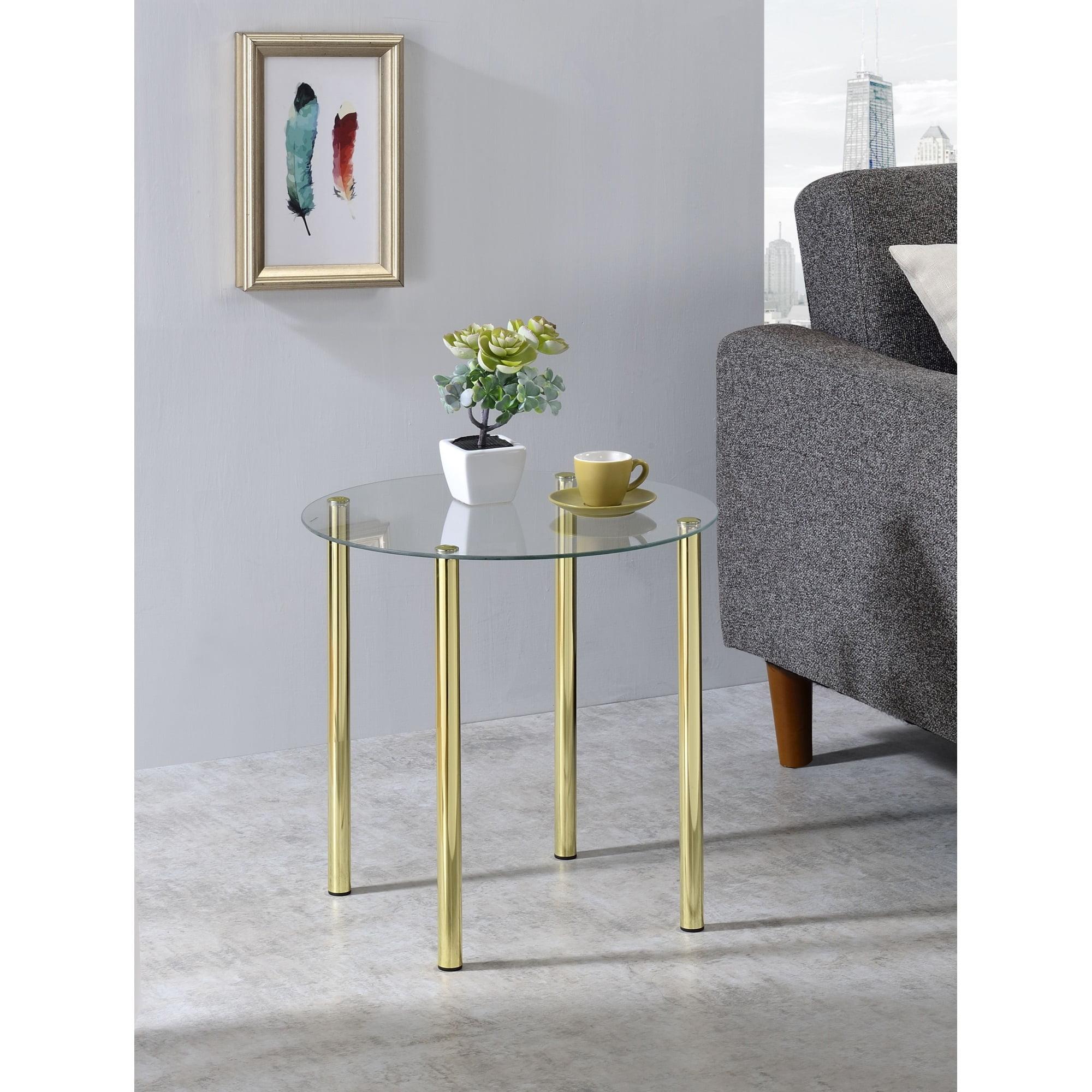 K&B Round Side End Accent Table, Gold Metal/Glass