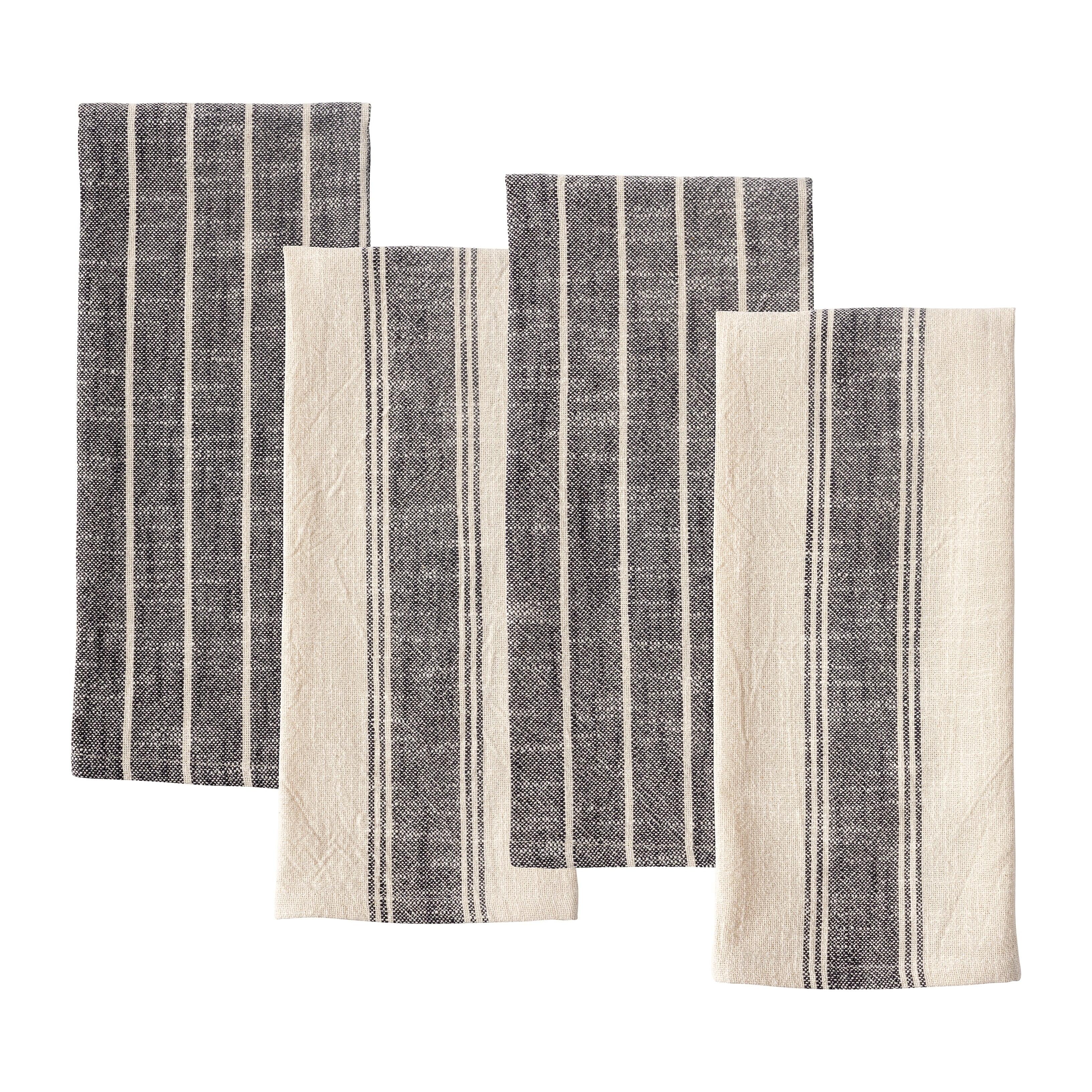 Set of 4 Black and Natural Cotton Striped Kitchen Towels