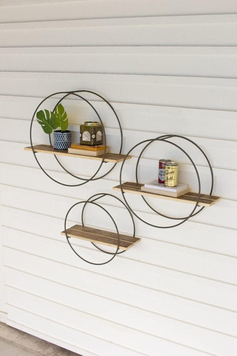 Brown Recycled Wood Floating Wall Shelves with Metal Frames