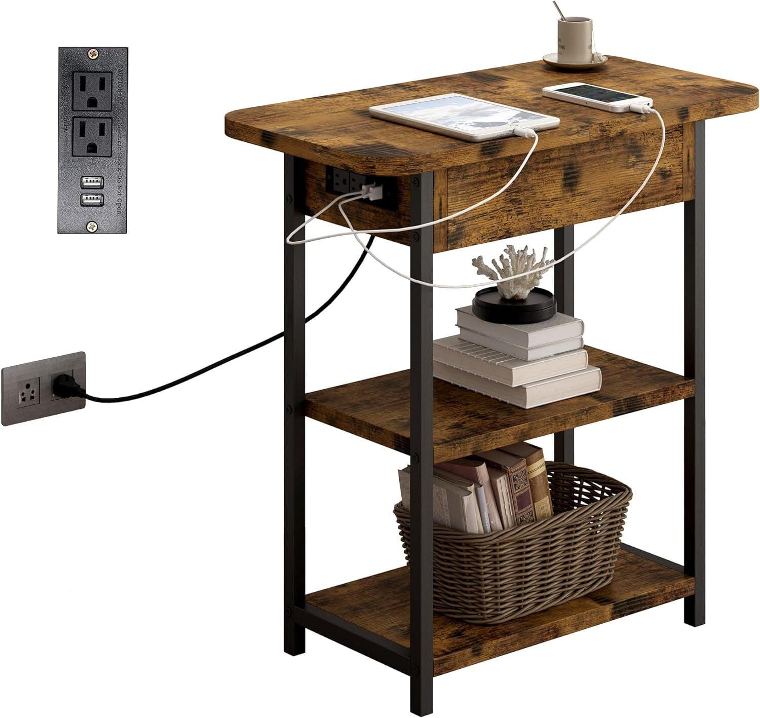 Rustic Brown End Table Set with Built-In Charging Station, Sofa/Couch Table with USB Ports and Outlets, Flip Top Nightstand